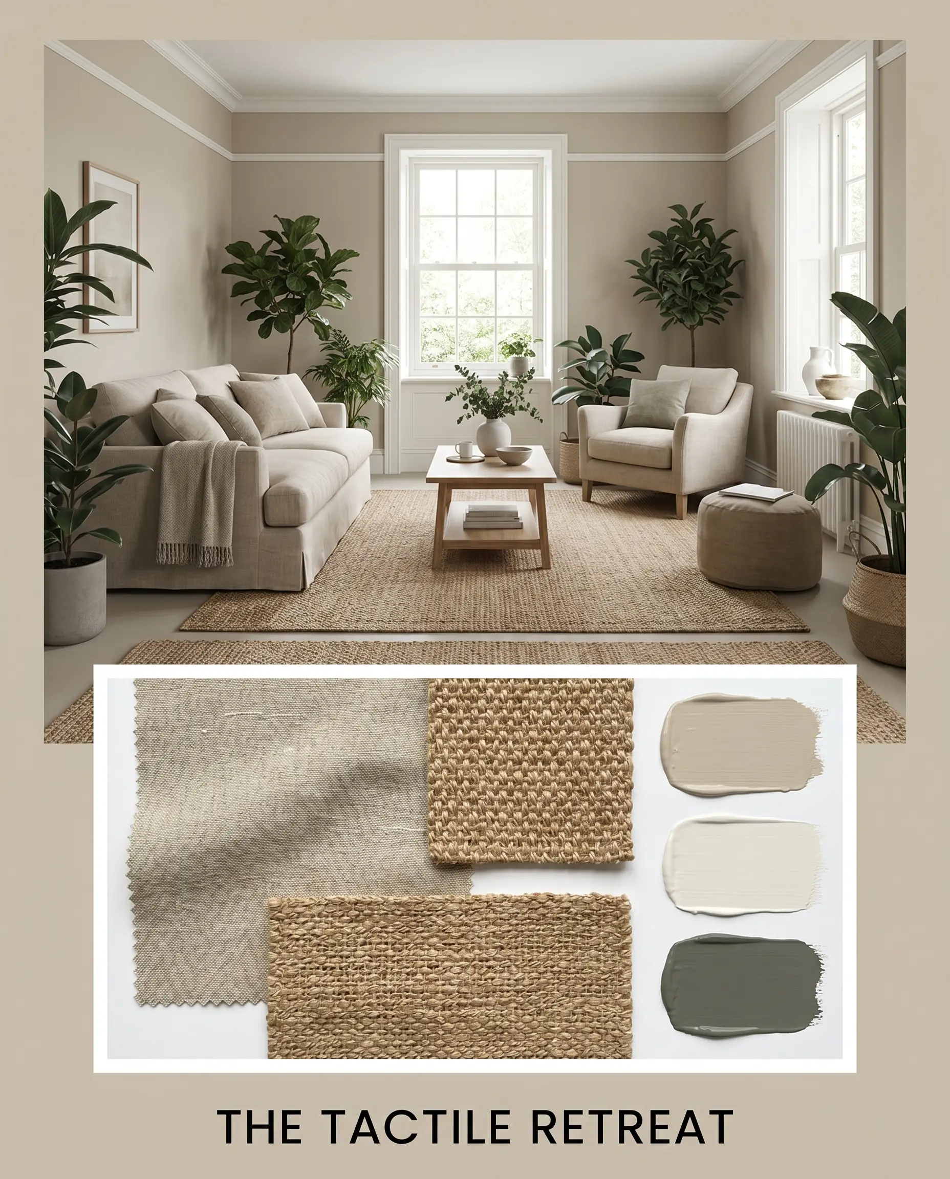 Slubby linen upholstery and textural jute rugs define a serene organic living space displayed above a flat-lay of woven jute textures and crisp architectural trim swatches.