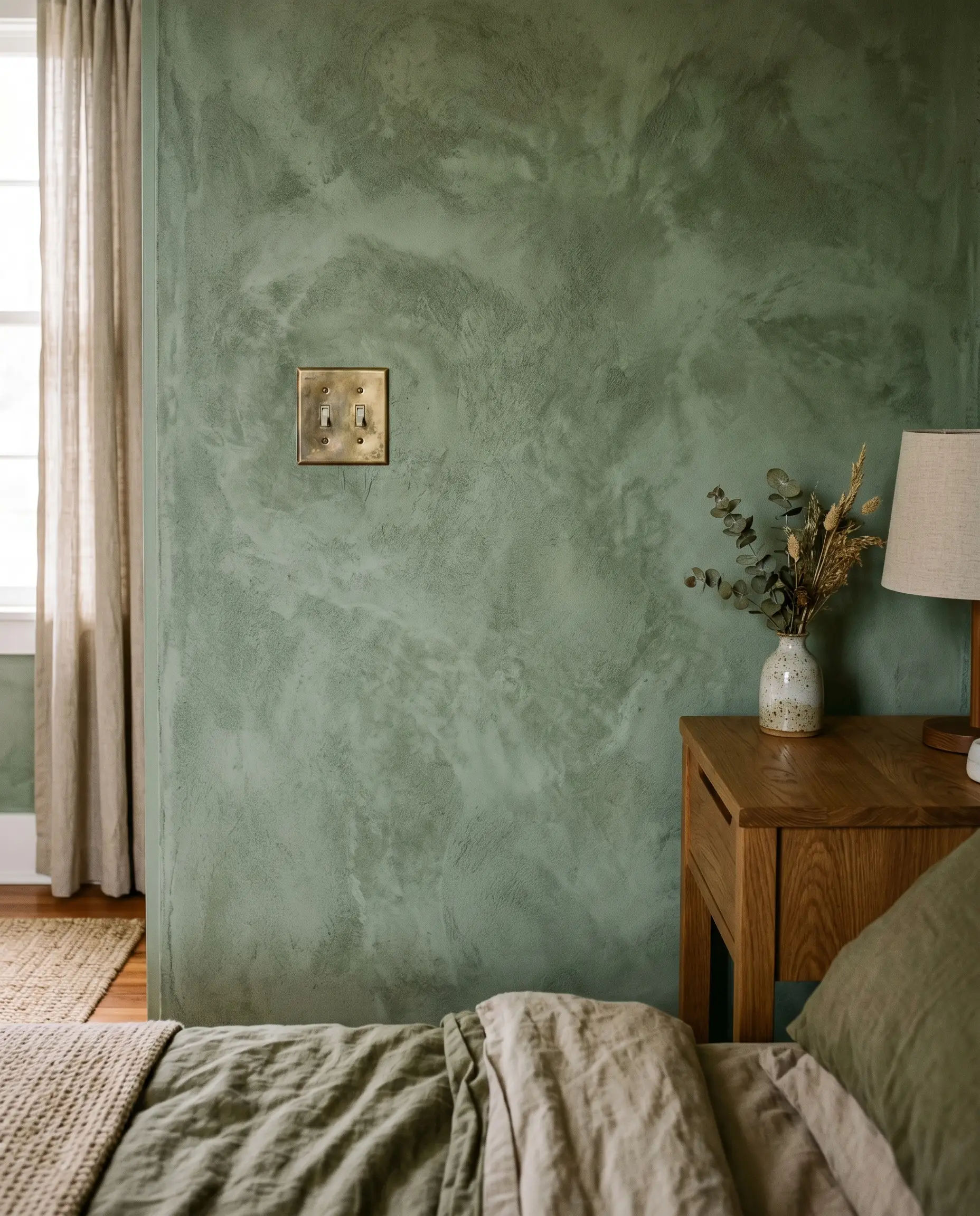 A tactile mineral-based sage green limewash wall features an unlacquered brass switch plate beside a modest wood nightstand.