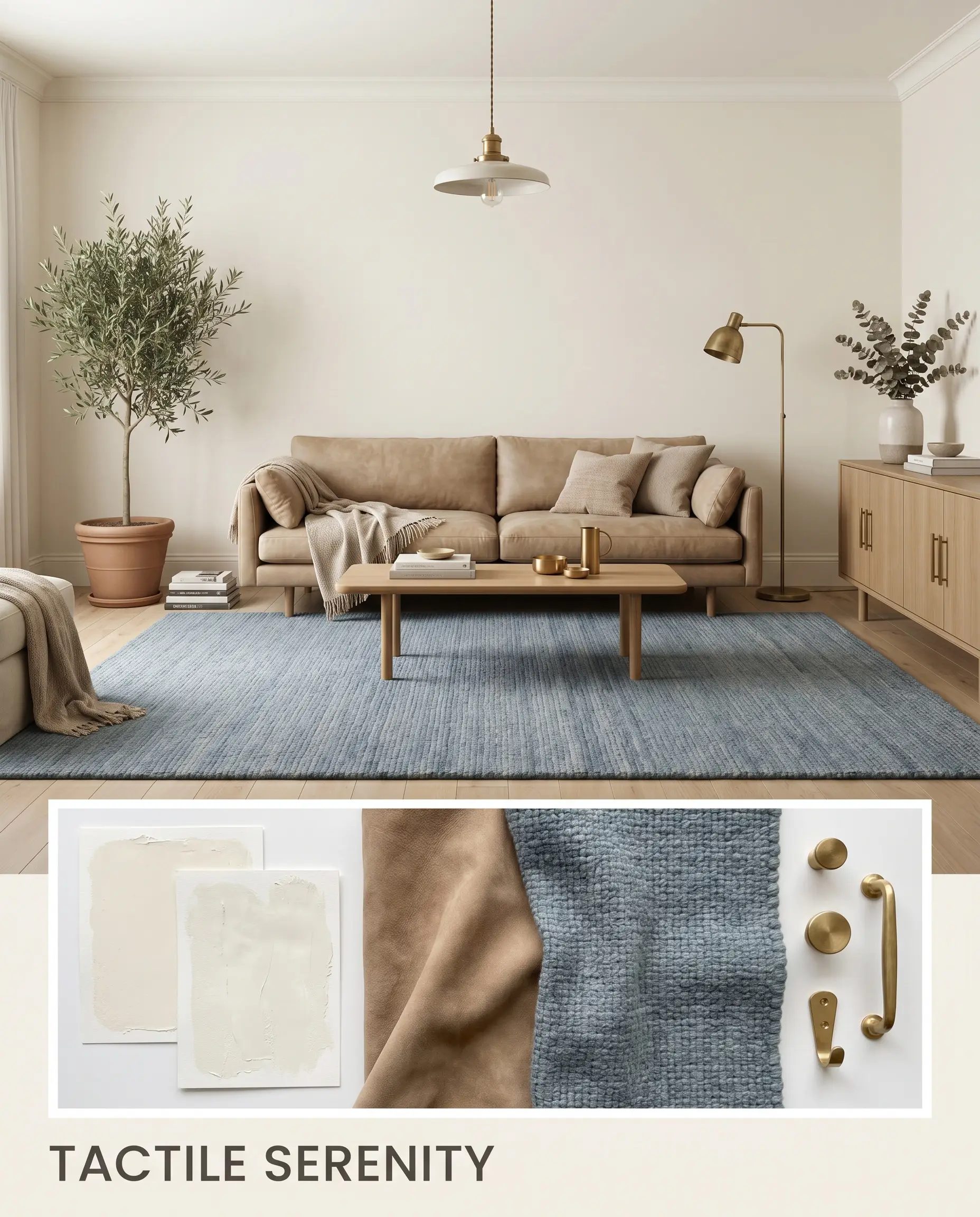 A calming room setup featuring nubuck leather upholstery transitions into an editorial flat-lay showcasing a dusty blue textile, raw brass hardware, and a leather swatch.