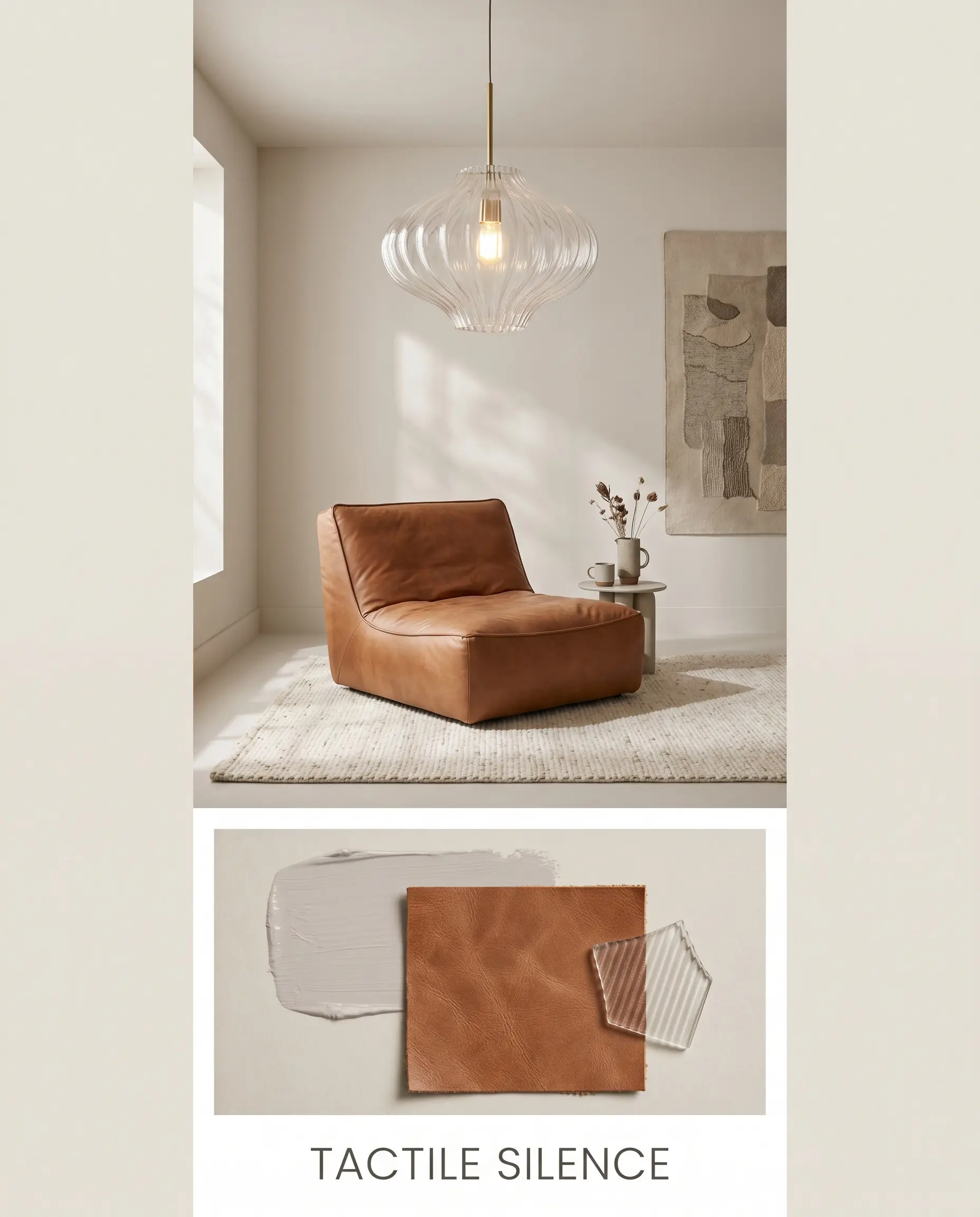 An editorial mood board titled Tactile Silence showcases a saddle leather lounge chair above a styled flat-lay of greige paint, leather, and fluted glass.