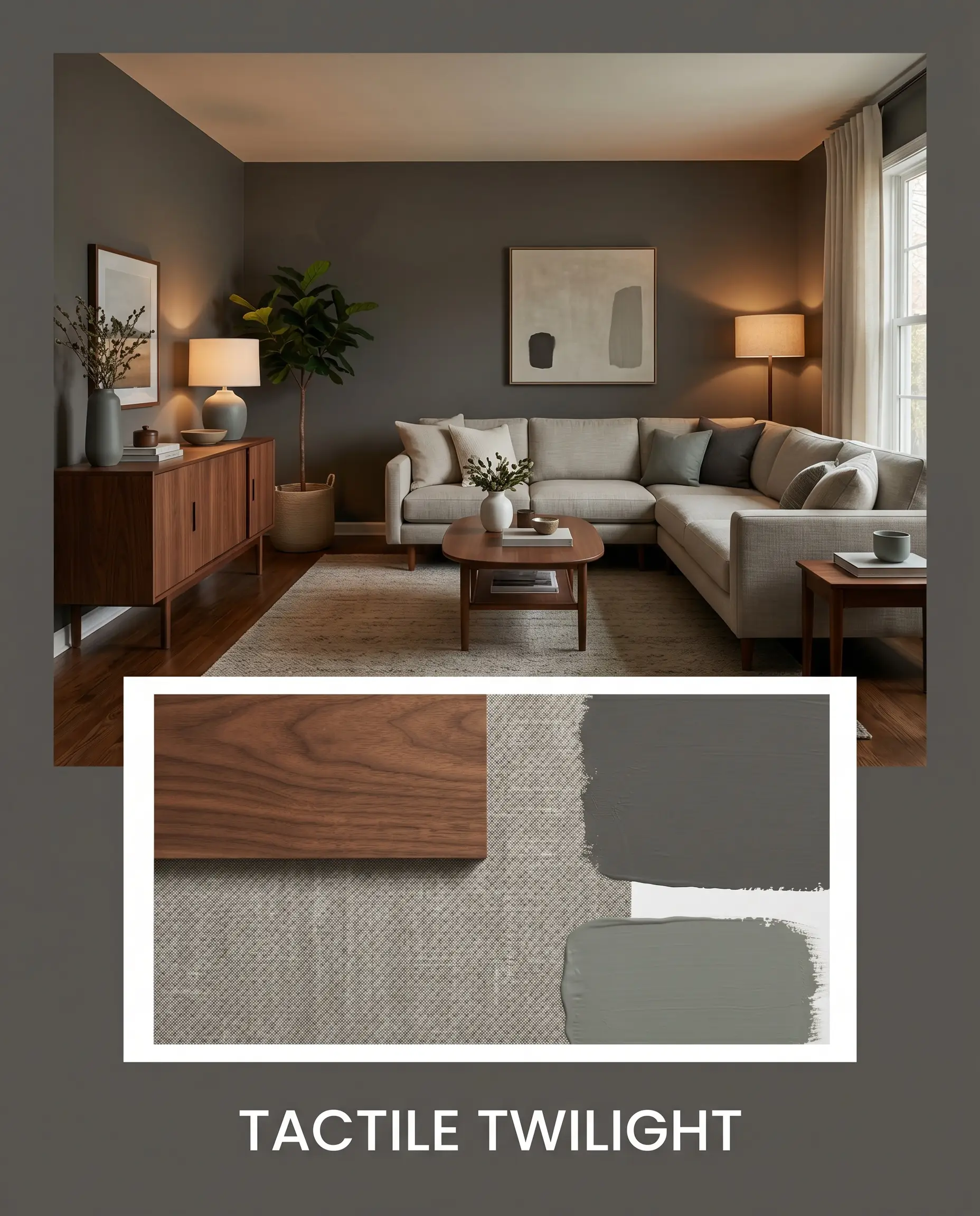 An editorial magazine layout presents a dark gray living room with a washed slub cotton sectional above a flat-lay of walnut wood, fabric, and warm charcoal paint textures.