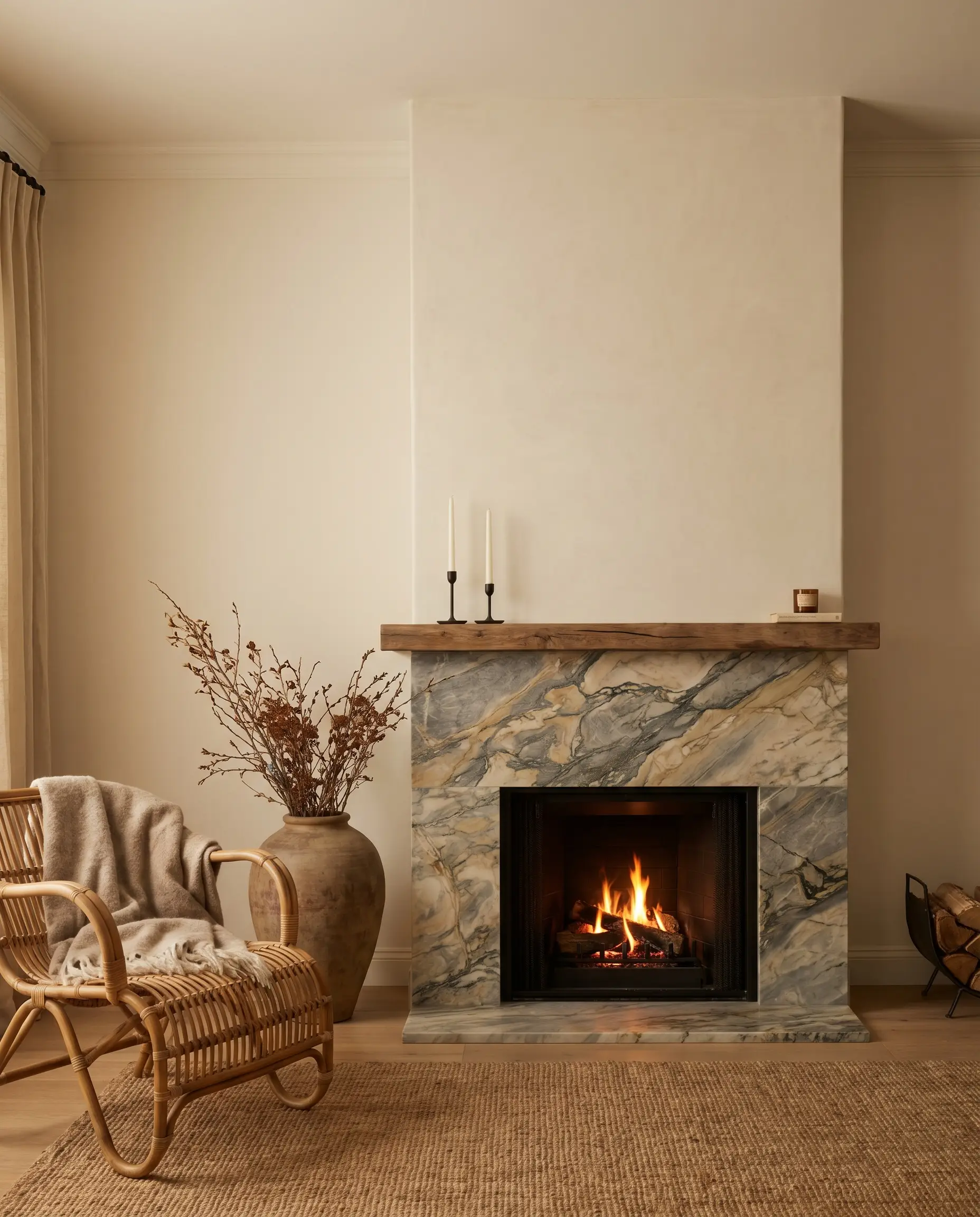 A split-level chimney breast pairs a heavily veined stone surround on the lower half with smooth Tadelakt plaster above near a woven rattan chair.