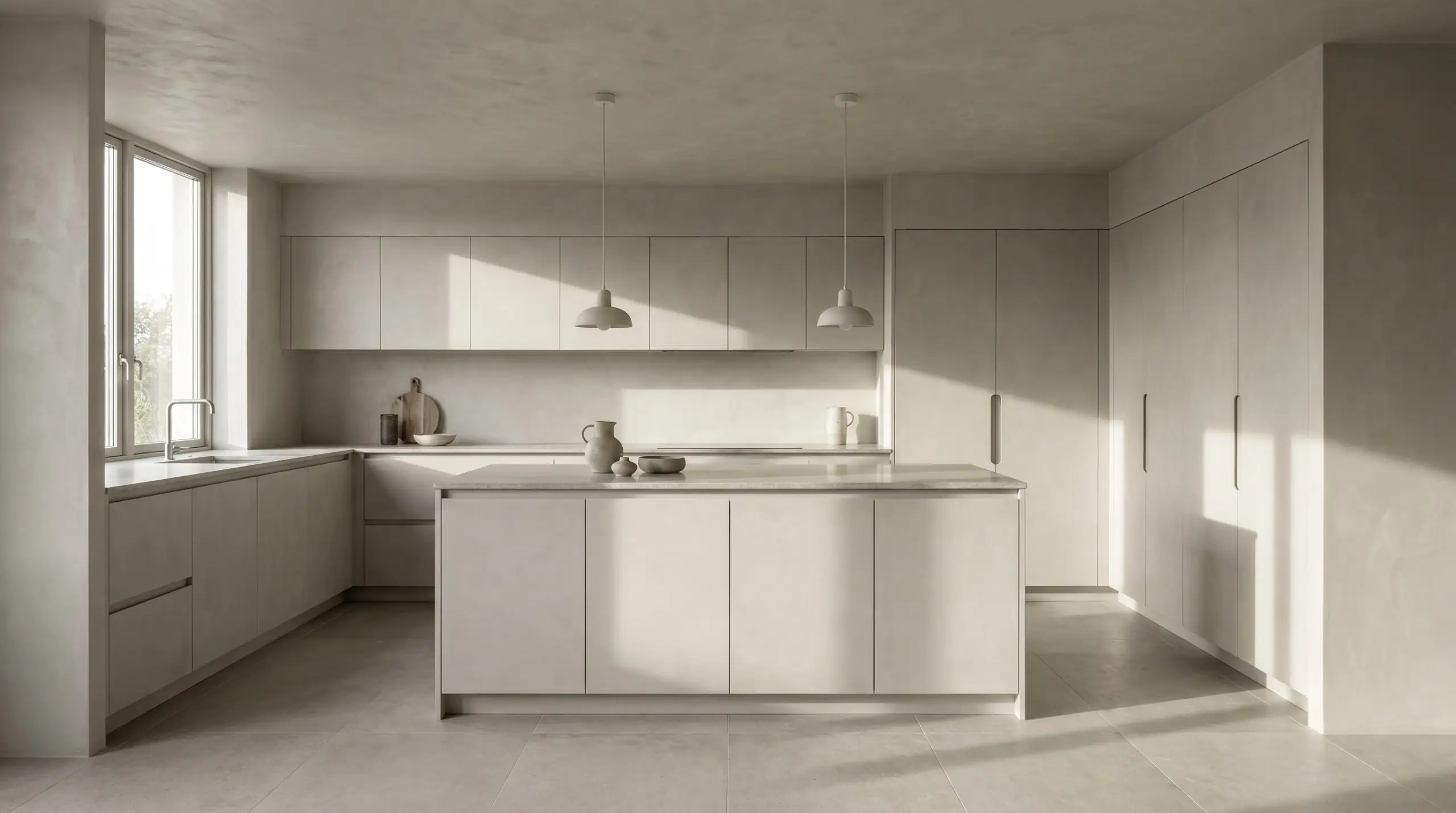Custom-tinted Tadelakt plaster walls seamlessly match soft greige slab cabinetry featuring integrated finger-route grips in a continuous monochromatic paint wash.