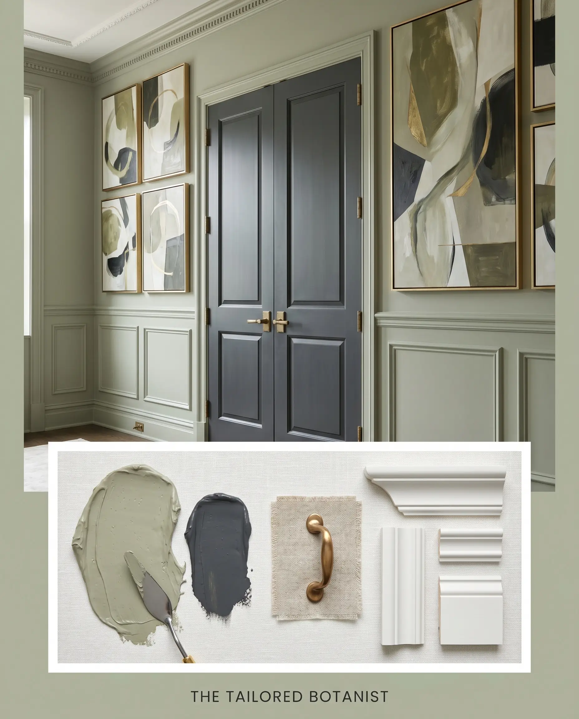 Crisp silvery green wainscoting and dark interior doors frame an editorial concept board featuring unlacquered brass hardware and clean white millwork samples.