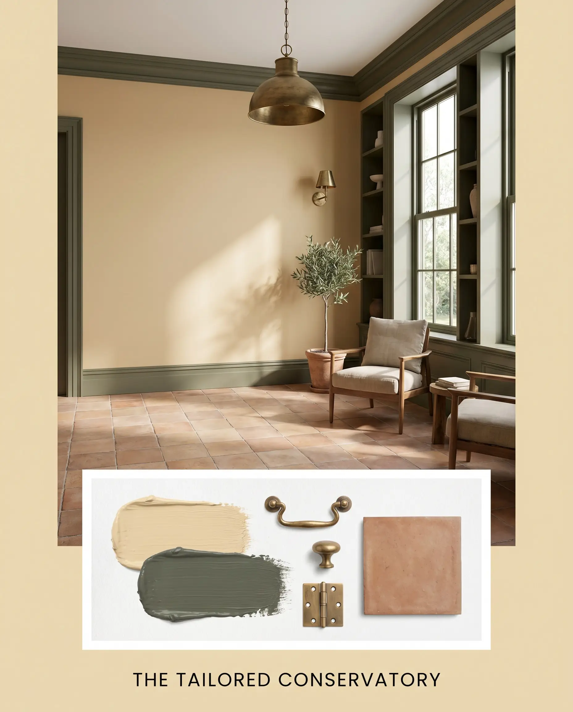 A curated magazine layout features sunlit walls in a warm neutral hue alongside green millwork, matte terracotta floor tiles, and unlacquered brass hardware samples.