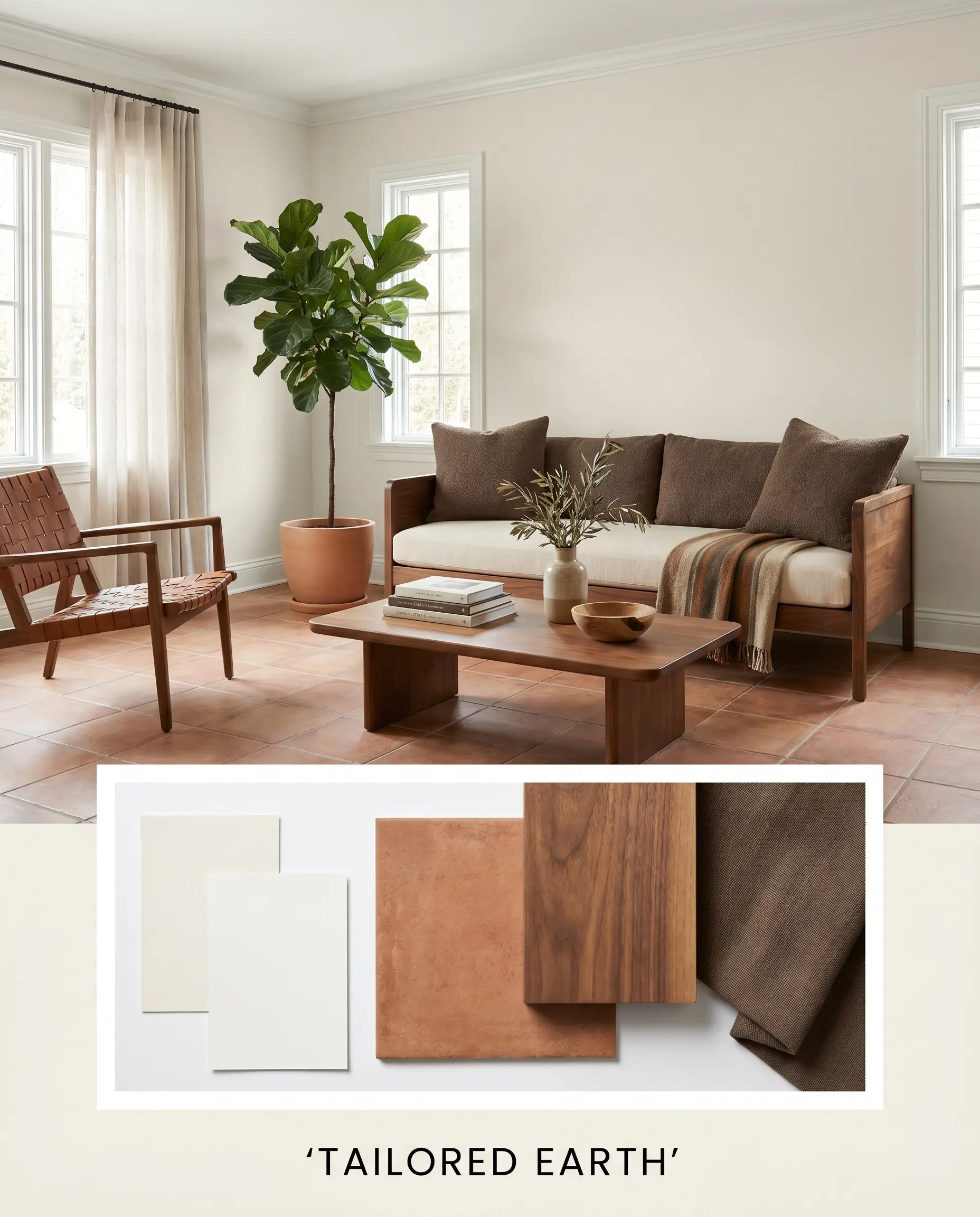 An editorial magazine layout displays a curated living space above a structured flat-lay containing matte terracotta, a walnut wood sample, and rich brown fabric.