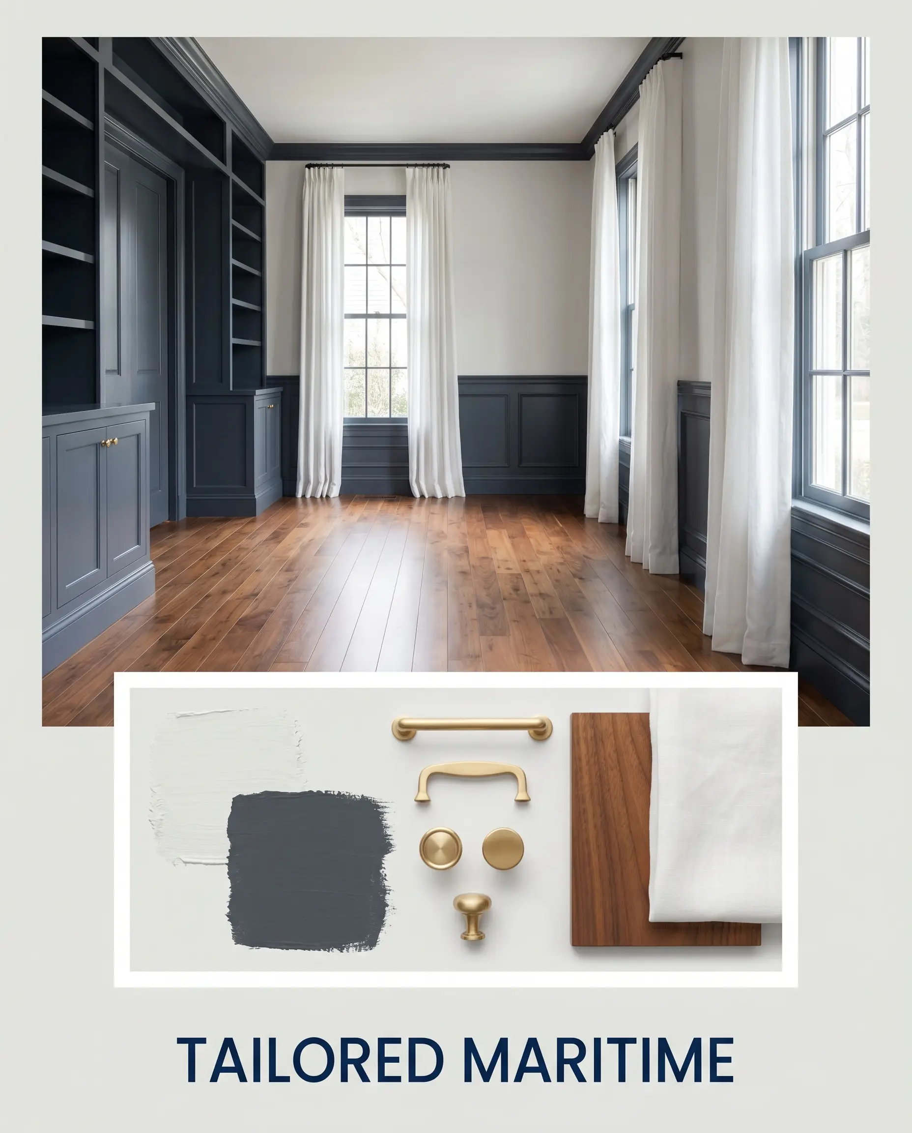 A curated editorial layout pairs cool-toned off-white walls with deep navy millwork, accented by unlacquered brass hardware and crisp white linen drapery.