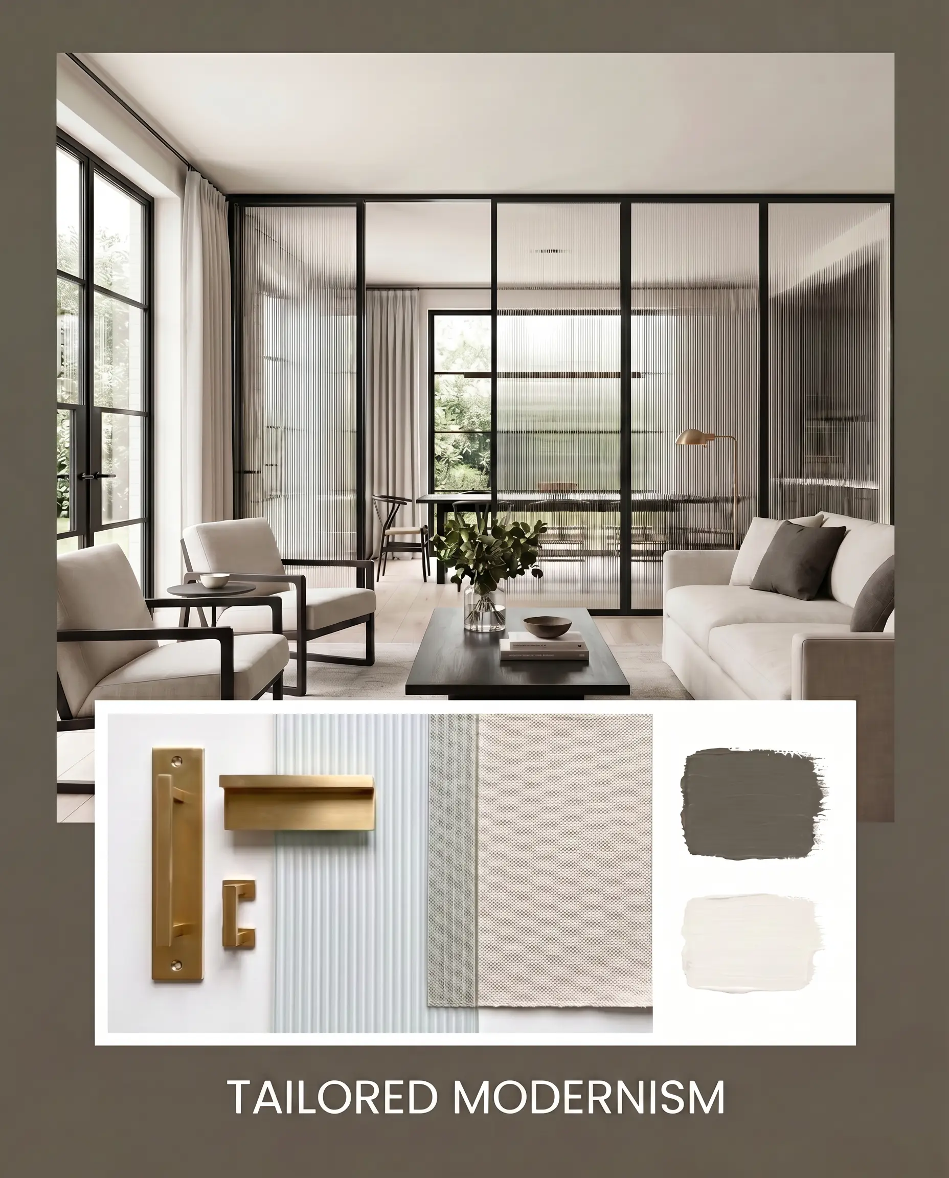 An editorial magazine layout presents a tailored modern living room featuring blackened steel window frames and fluted glass, paired with a flat-lay of thick canvas swatches and unlacquered brass hardware.