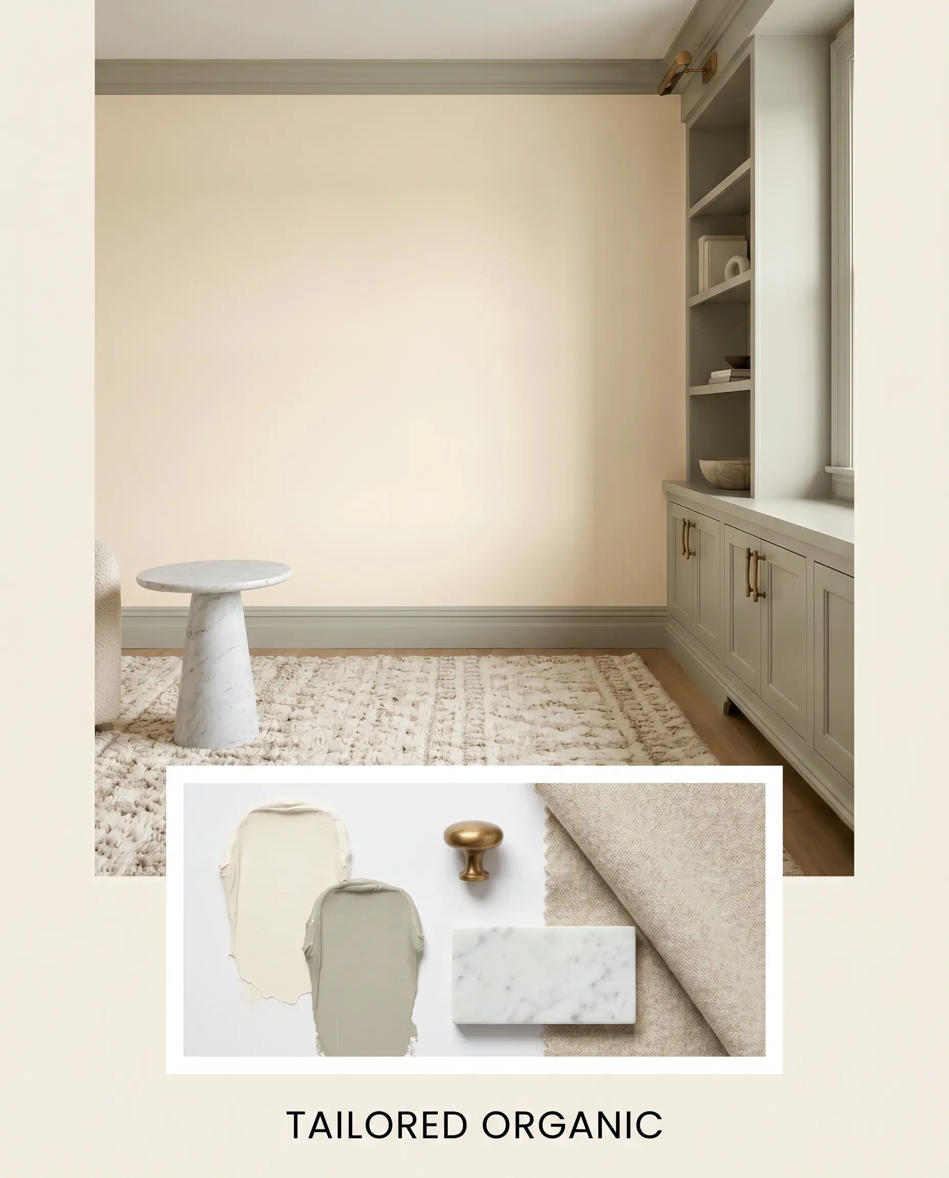 Custom green-gray millwork frames glowing warm off-white walls, paired with unlacquered brass hardware, a honed Carrara marble side table, and a worsted wool textile swatch.
