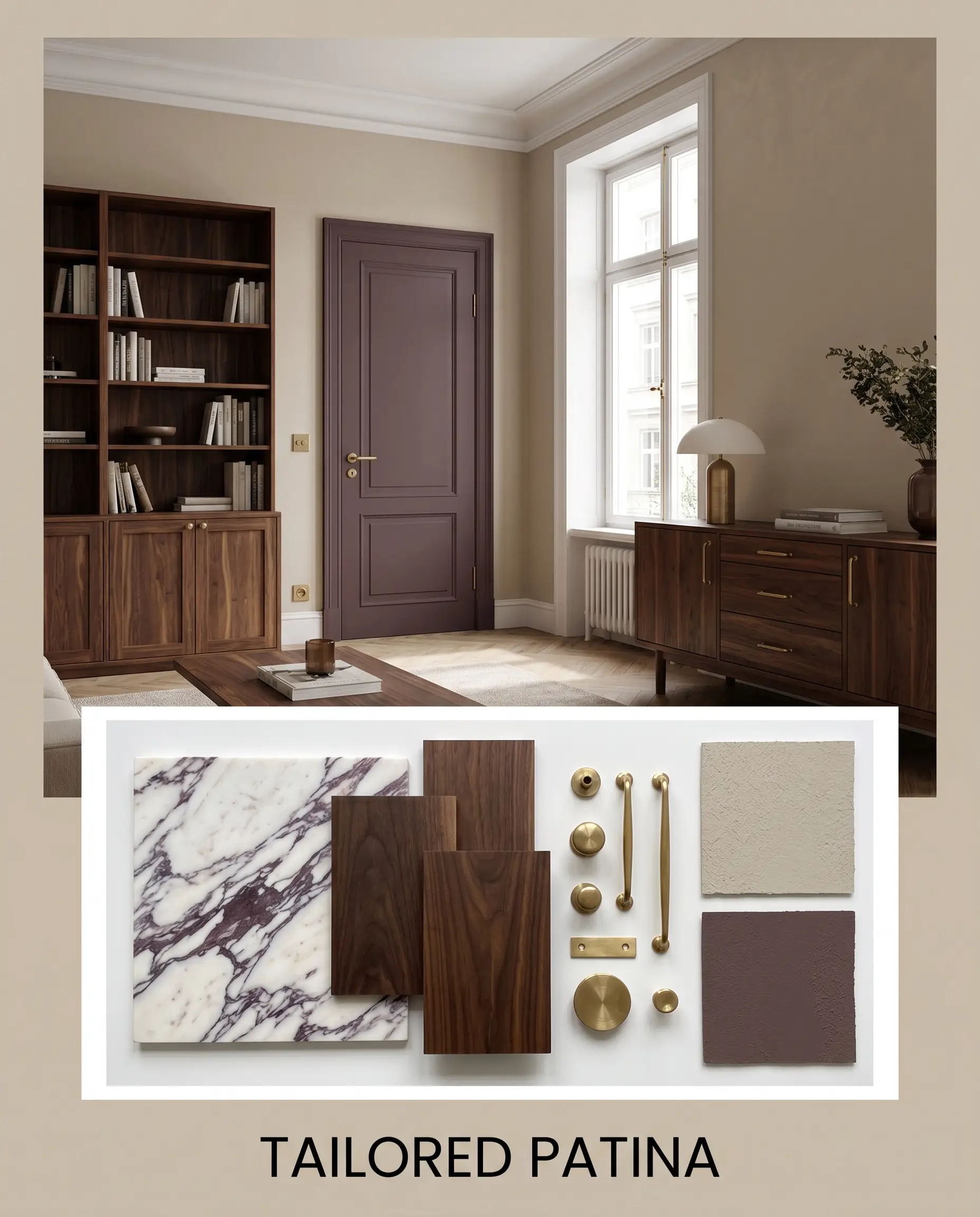 A classic European-style apartment living room sits above a curated flat-lay featuring a slab of Calacatta Viola marble, dark walnut wood swatches, and raw brass hardware.