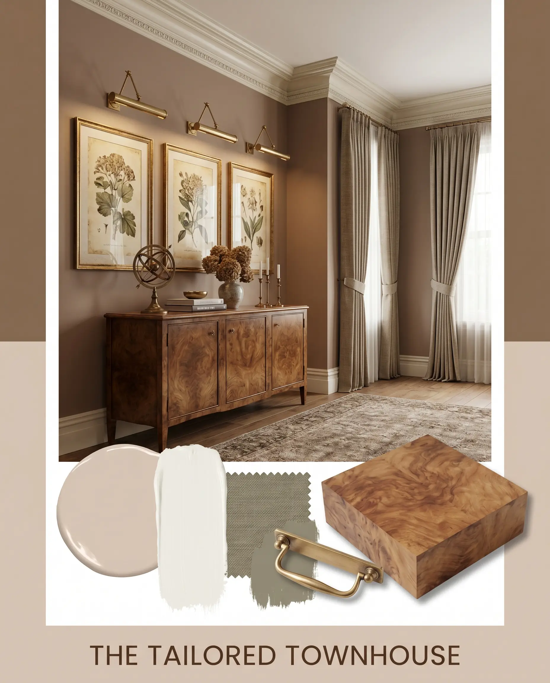 A vintage burl wood credenza and heavy crown molding sit above a flat-lay of warm taupe textures and unlacquered brass hardware.