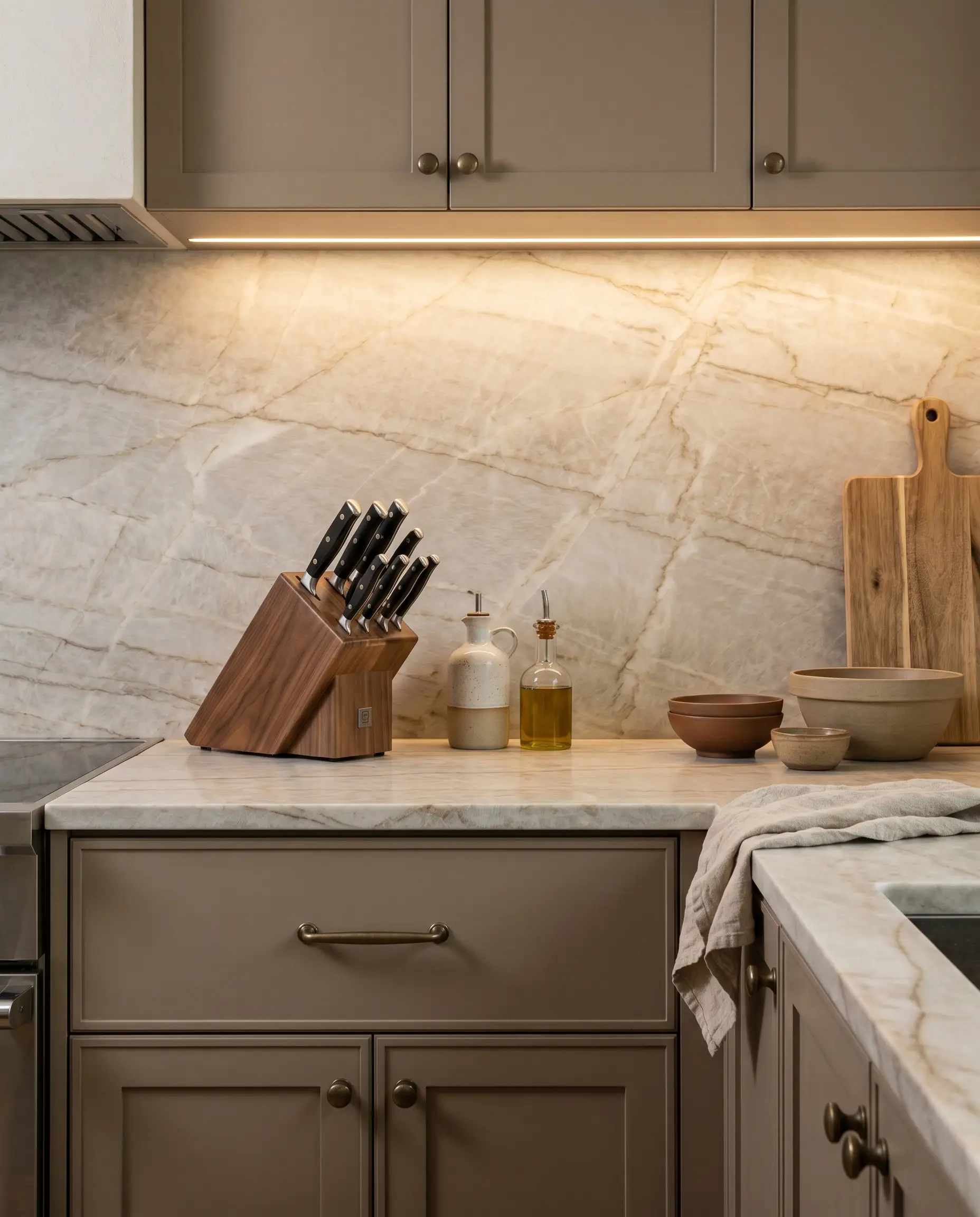 Leathered Taj Mahal quartzite countertops and a seamless backsplash mirror the warm greige kitchen cabinetry, styled with a sleek knife block and olive oil cruets.