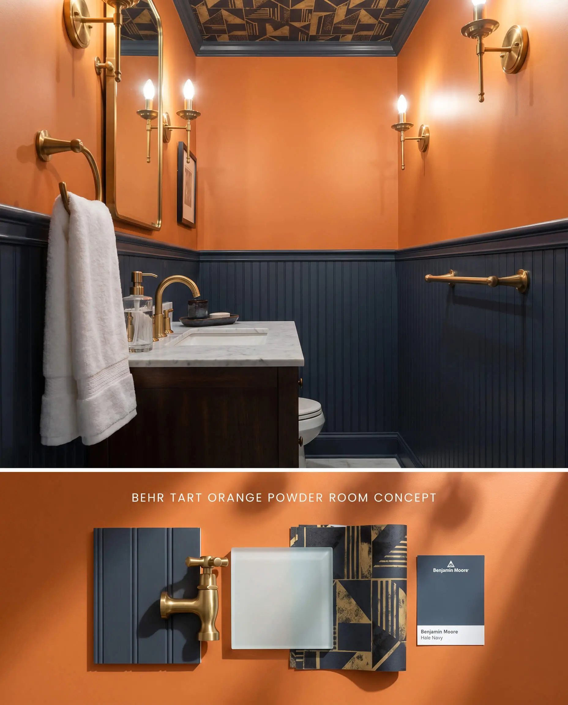 A split digital conceptual board for a maximalist powder room featuring Tart Orange upper walls and dark beadboard wainscoting above a curated physical materials flat-lay.