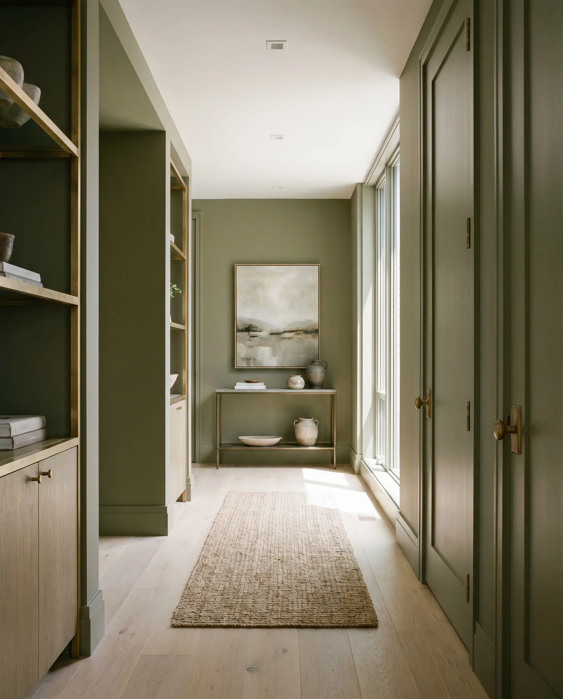 Unlacquered brass millwork and door hardware shine against Benjamin Moore Tate Olive paint, showcasing sophisticated wall colors light oak flooring combinations.