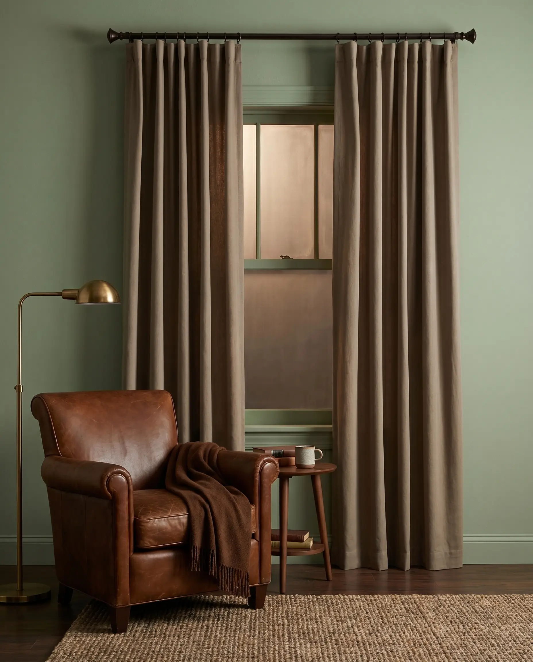 Heavyweight taupe cotton curtains hang from an oil-rubbed bronze rod against Sherwin-Williams Clary Sage walls behind a brown leather club chair and walnut table.