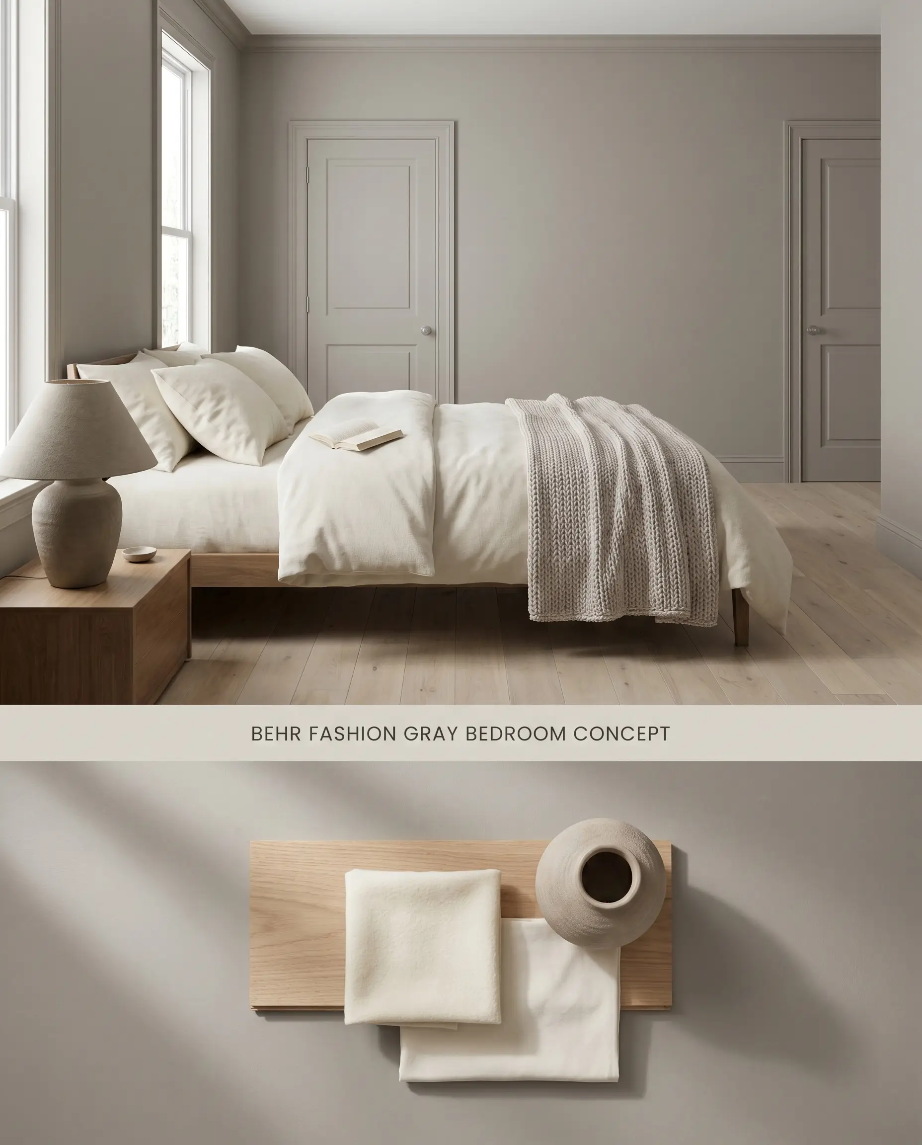 A split digital conceptual board for a bedroom featuring a taupe family hue enveloping the walls above, and a textured flat-lay with white oak below.