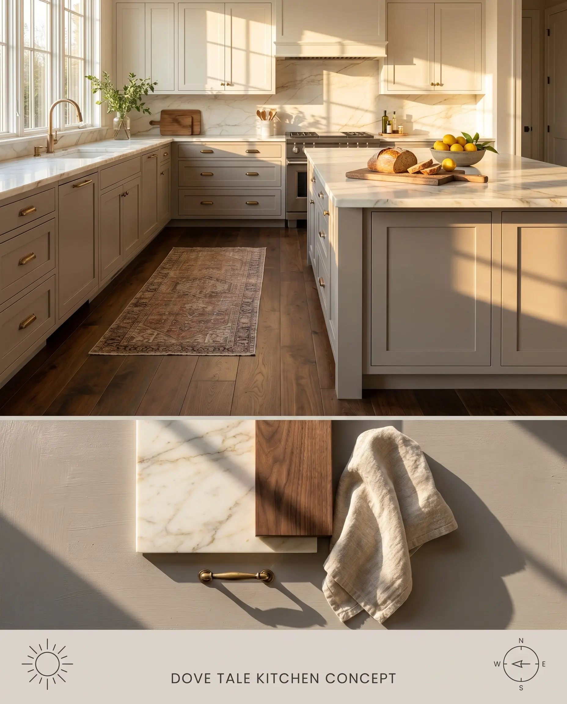 A split digital conceptual board for a kitchen showcasing Farrow & Ball Dove Tale lower cabinetry against Calacatta Gold marble and smoked walnut flooring.