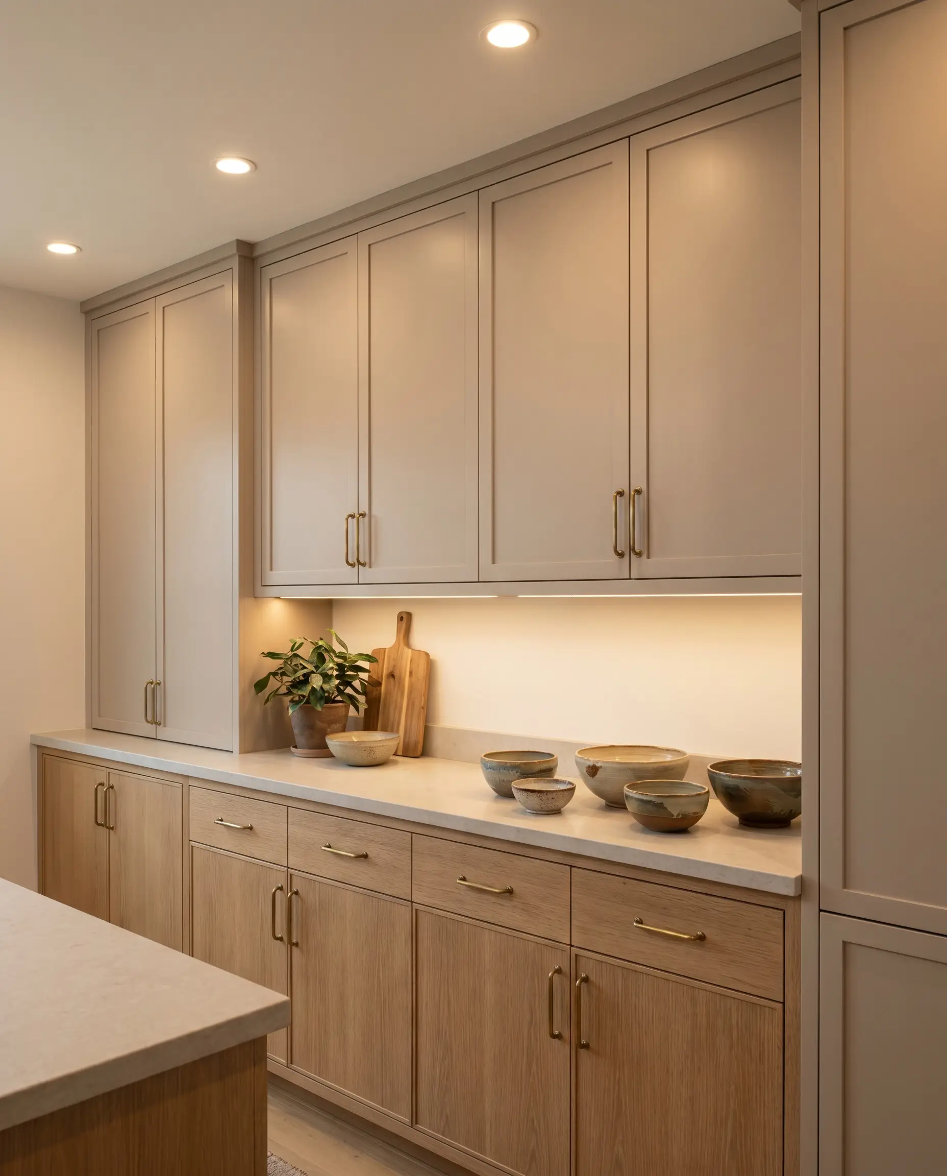 Soft taupe upper cabinets contrast with matte-sealed rift-sawn white oak lower cabinets, accented by unlacquered brass pulls and artisanal ceramic bowls.