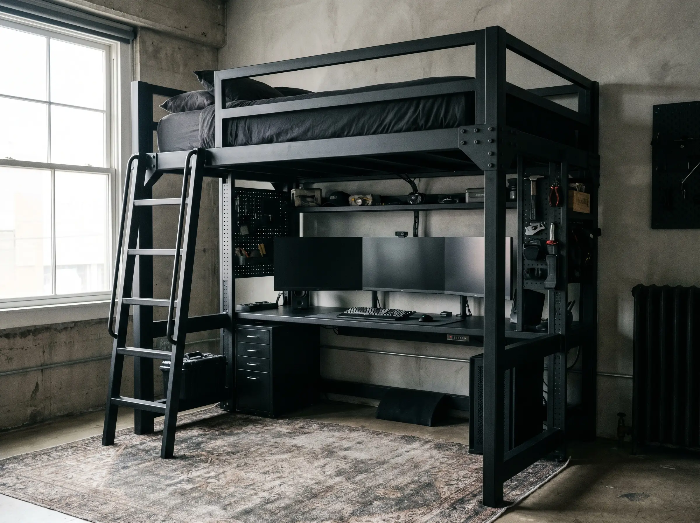 A heavy-duty matte black steel loft bed workstation maximizes this teen boy bedroom design by placing a gaming desk directly beneath a queen mattress.