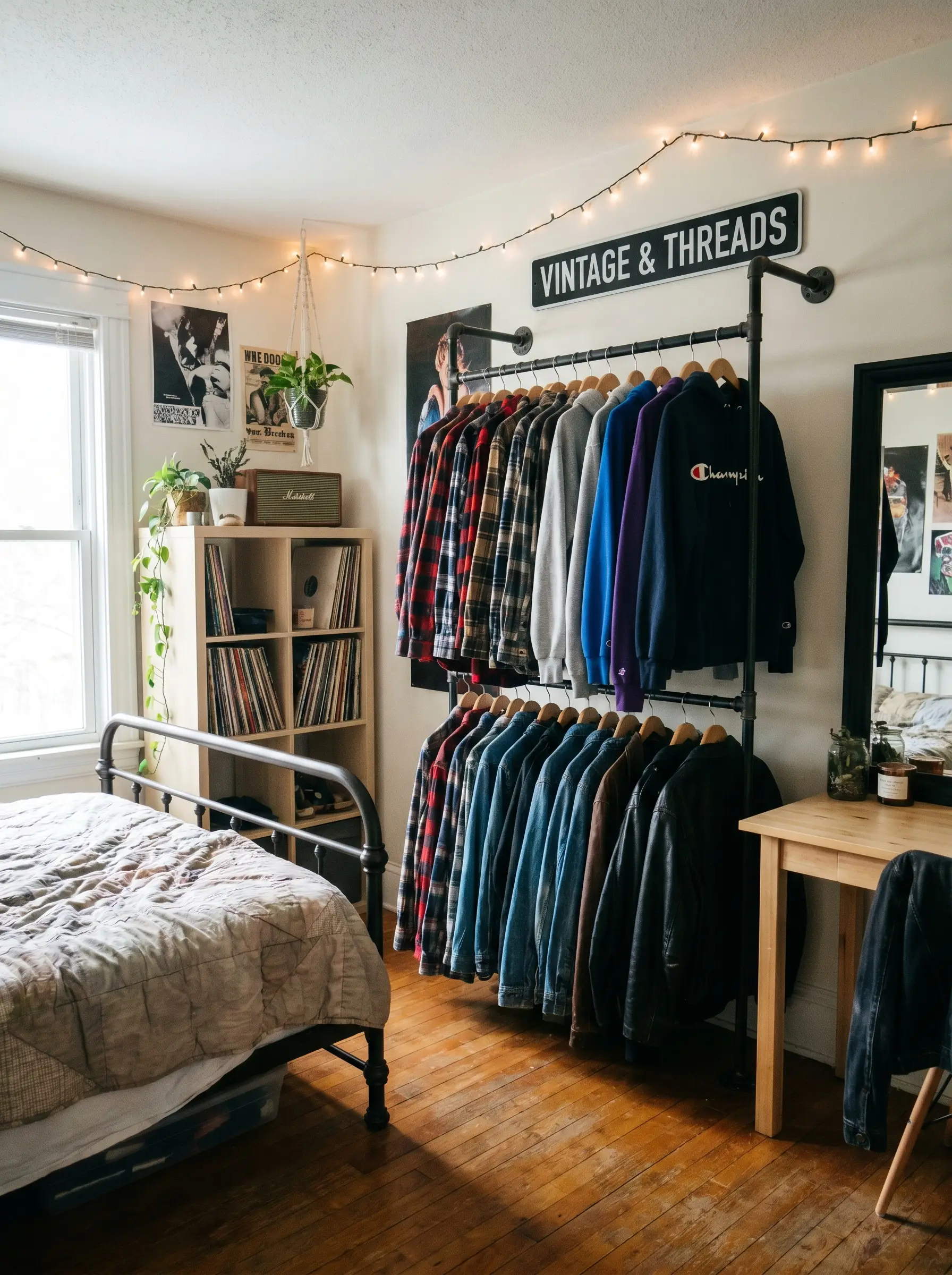 A matte black industrial iron pipe clothing rack stands in the corner of the room, displaying heavy flannels, hoodies, and vintage jackets.