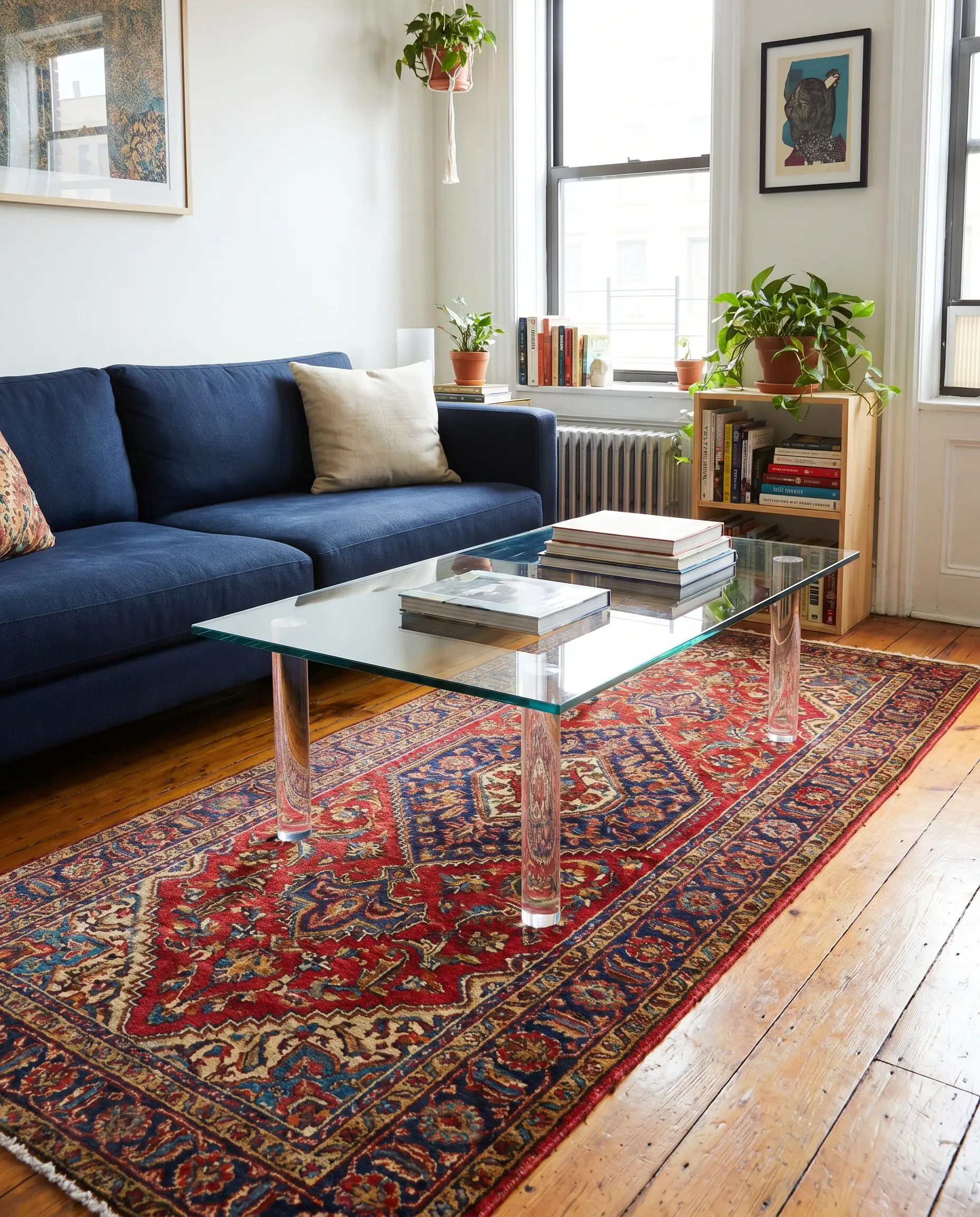 An ultra-clear tempered glass coffee table on acrylic pillars maintains spatial flow in front of a navy blue sofa and highly patterned vintage runner.