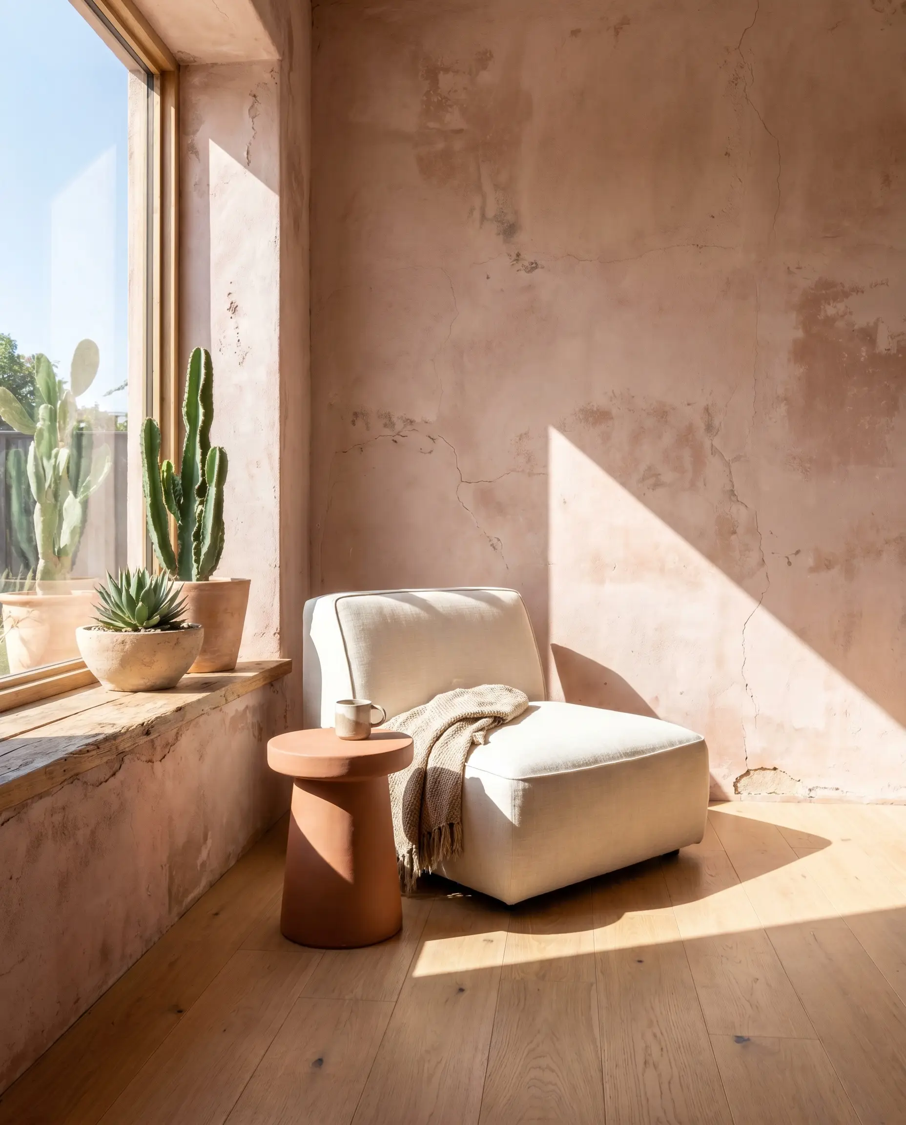 A sleek modern lounge chair and sculptural terracotta side table furnish a sun-baked reading nook featuring Portola Paints Terra faded terracotta walls.