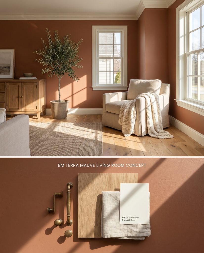 A split digital conceptual board displaying a sunny living room with subdued mauve walls on top, and physical brass, oak, and linen materials below.