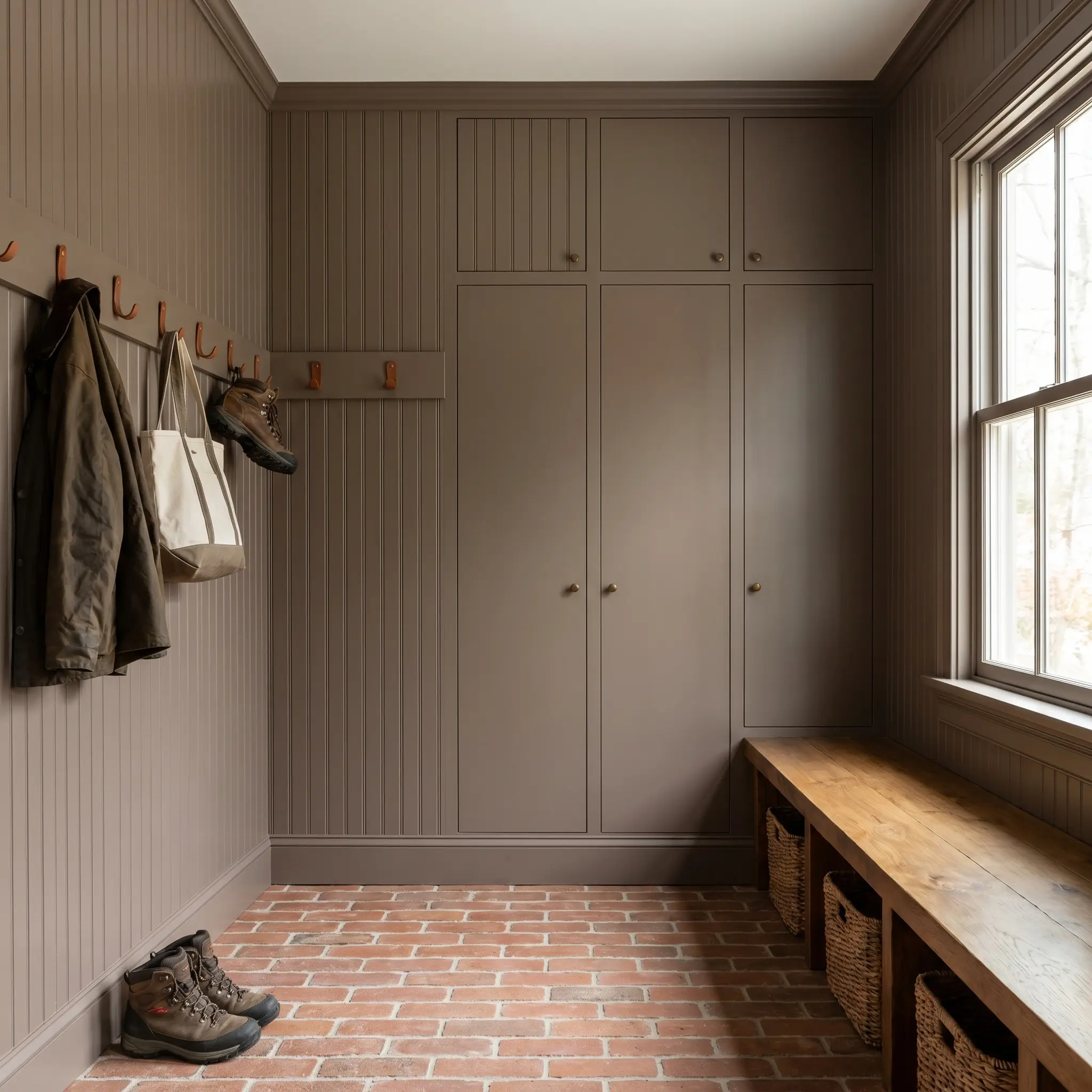 Floor-to-ceiling muted stone hue beadboard and flush-mount storage lockers sit above raw terracotta brick floors and a wooden bench in a highly designed mudroom.