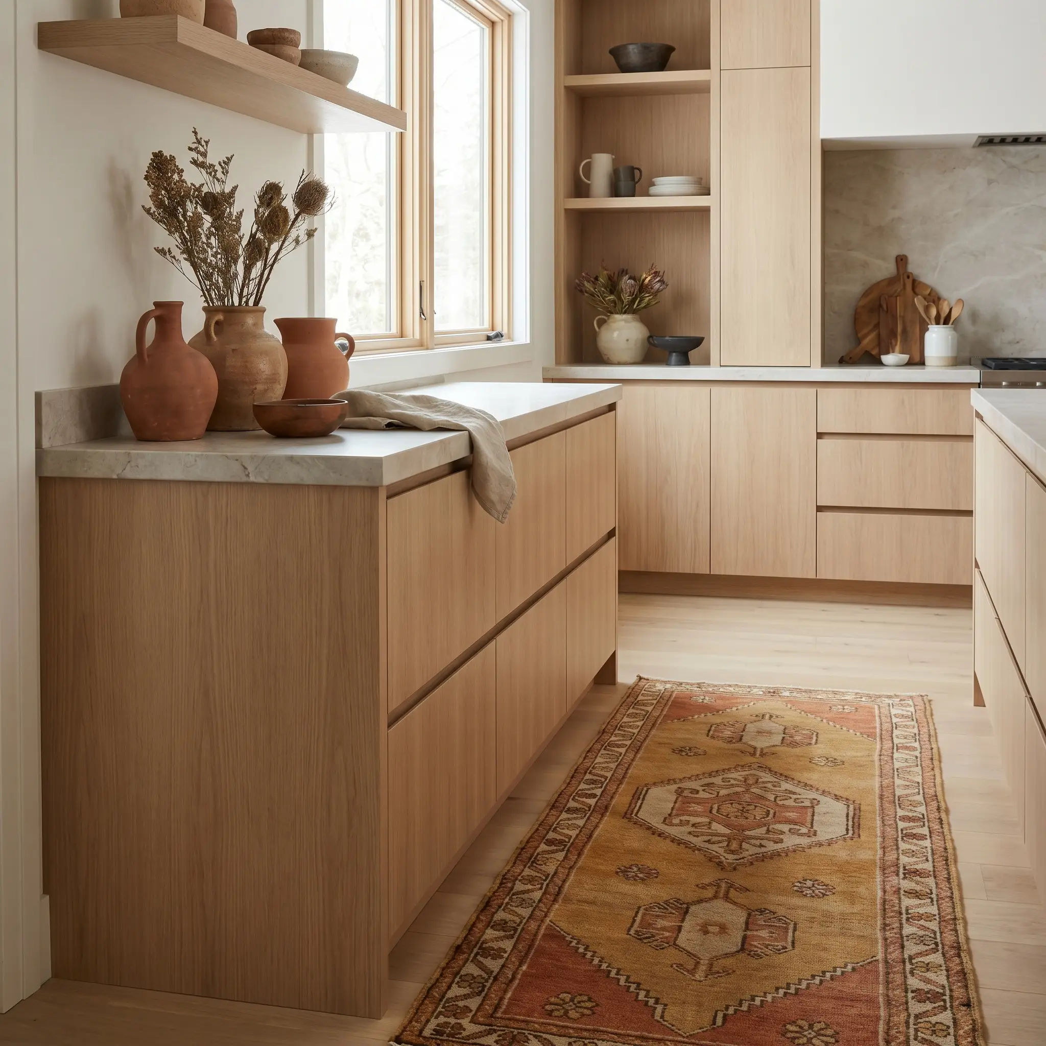 Fired clay vessels with terracotta and ochre undertones sit on a honed stone kitchen counter beside pale oak cabinetry and a vintage wool runner.