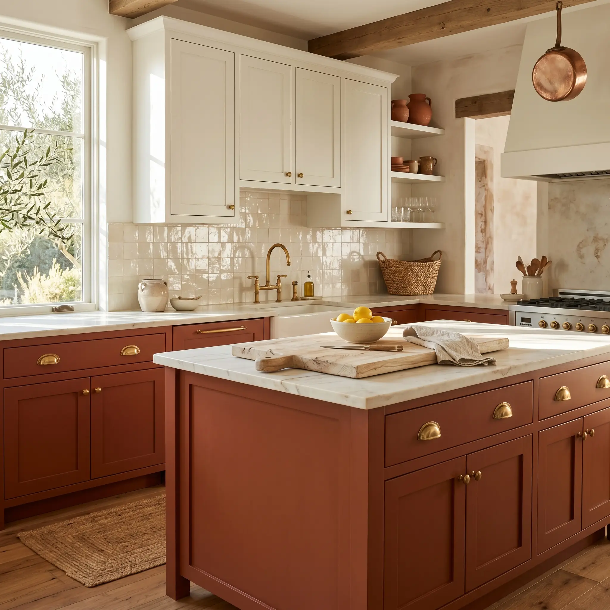 A central kitchen island painted in PPG Red Clay contrasts beautifully against unlacquered brass cup pulls and a glossy creamy irregular zellige tile backsplash.