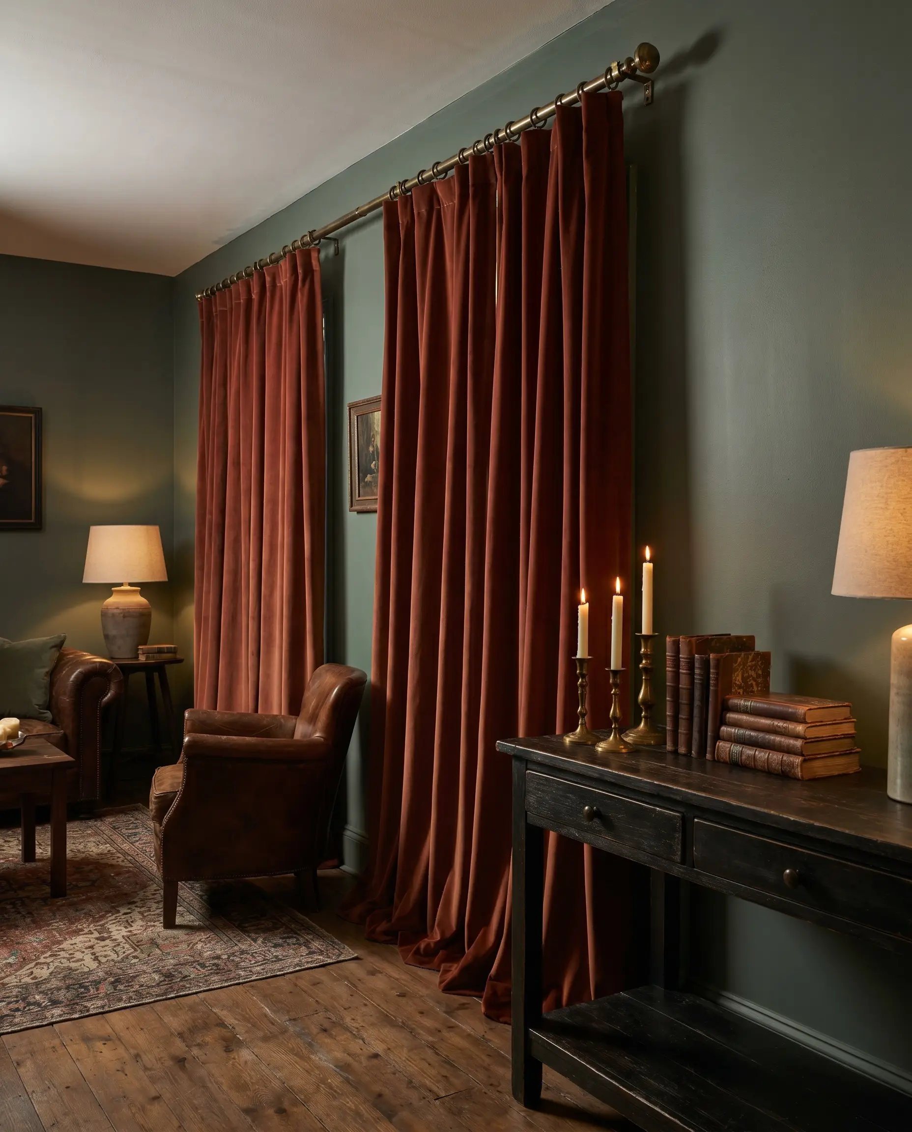 Heavyweight matte velvet terracotta curtains for sage green walls hang from an antique brass pole above a dark wood console table with vintage candlesticks.