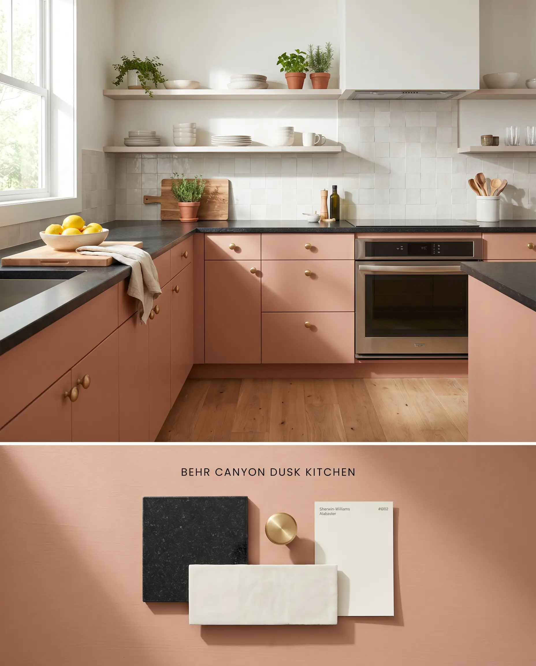 A split digital conceptual board highlighting Behr Canyon Dusk on modern lower kitchen cabinetry, paired below with honed absolute black granite and brushed brass knobs.