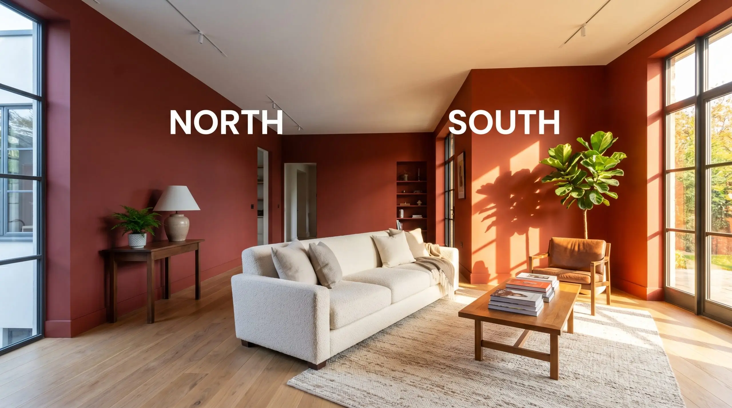 A continuous white oak floor grounds the living room painted in Dulux Red Jacks, shifting from a flat terracotta in cool Northern light to a vibrant oxblood in warm Southern exposure.