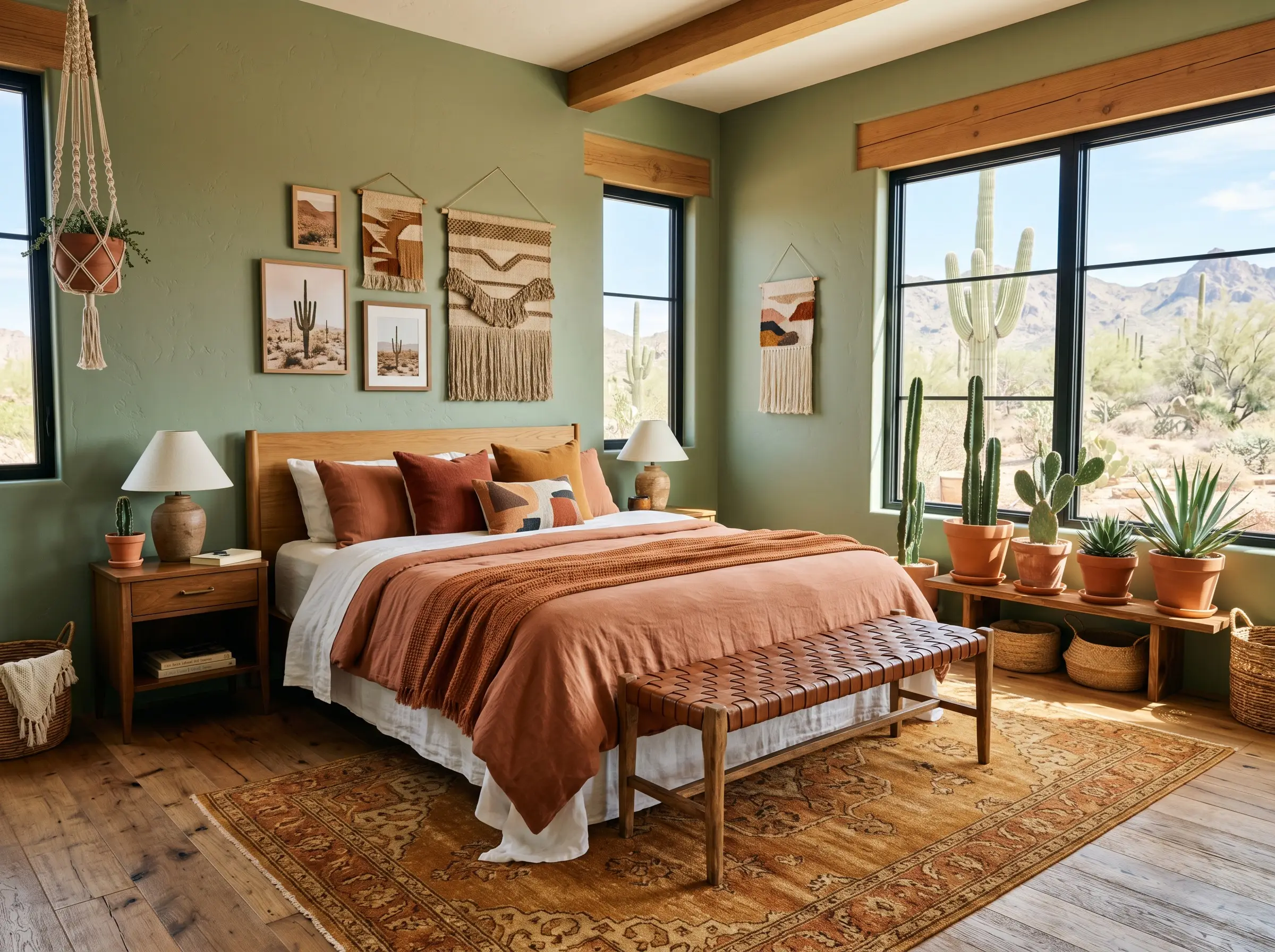 Terracotta and burnt rust throw pillows rest on a bed positioned behind a leather woven bench and a warm ochre area rug.