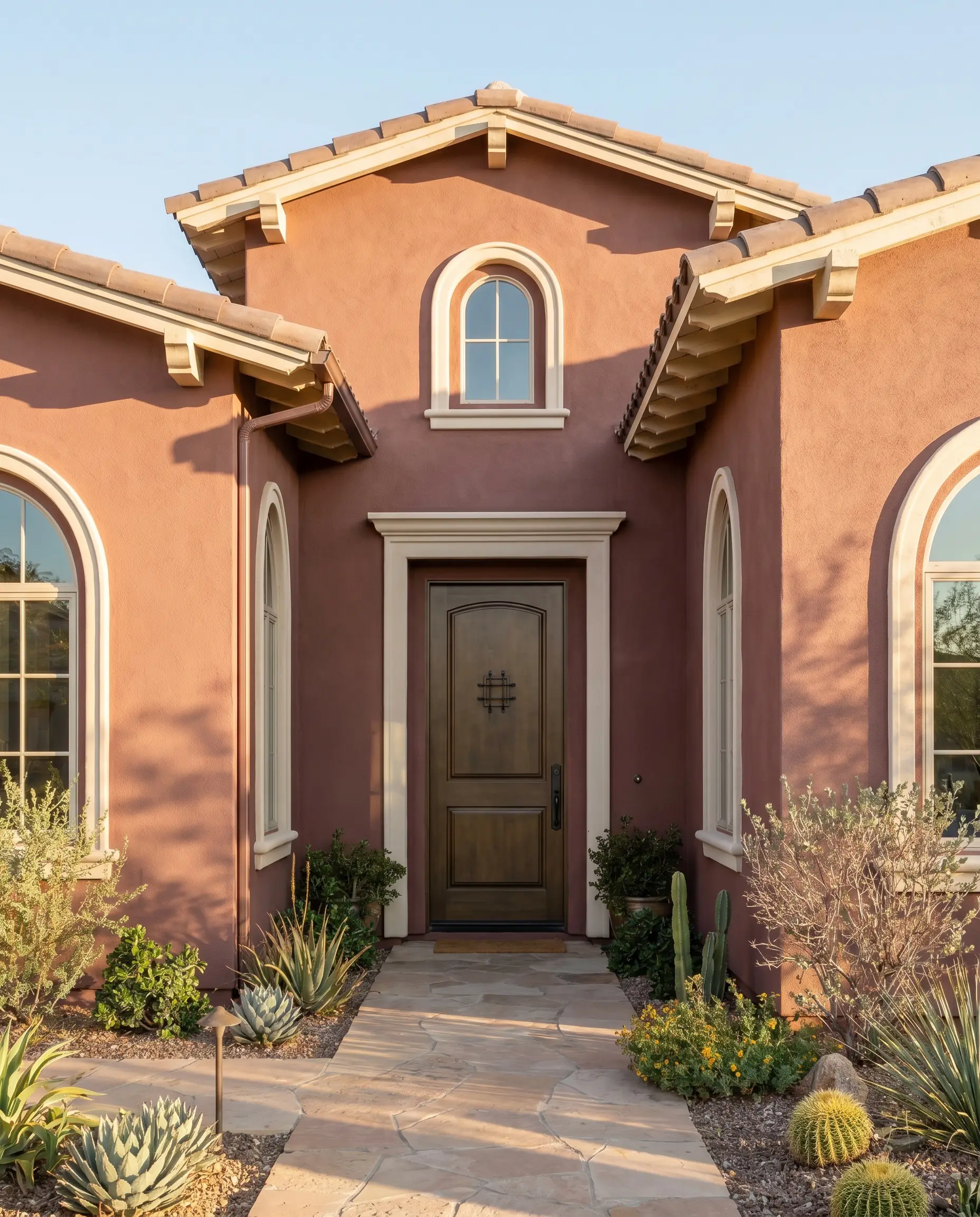 A muted earthy terracotta stucco facade is accented by warm off-white trim and dark bronze entry hardware alongside native desert landscaping.