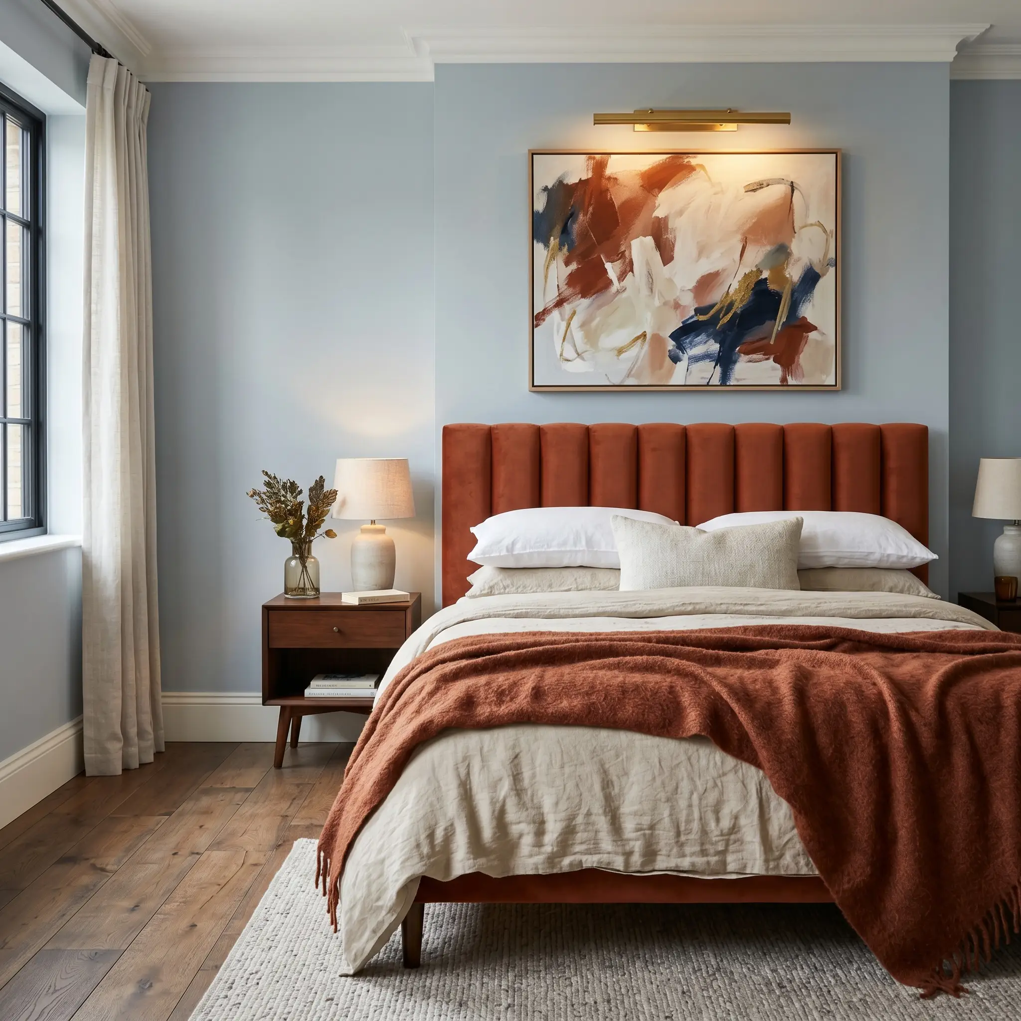 A warm terracotta velvet channel-tufted headboard sits against cool Farrow & Ball Kakelugn walls, complemented by washed linen sheets and an unlacquered brass picture light.