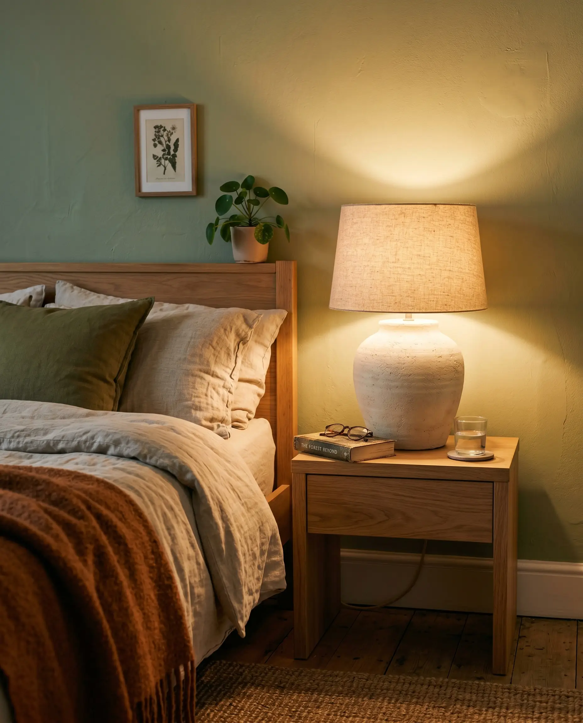 An oversized textured unglazed cream ceramic table lamp with a linen shade rests on a modest white oak nightstand against sage green paint.