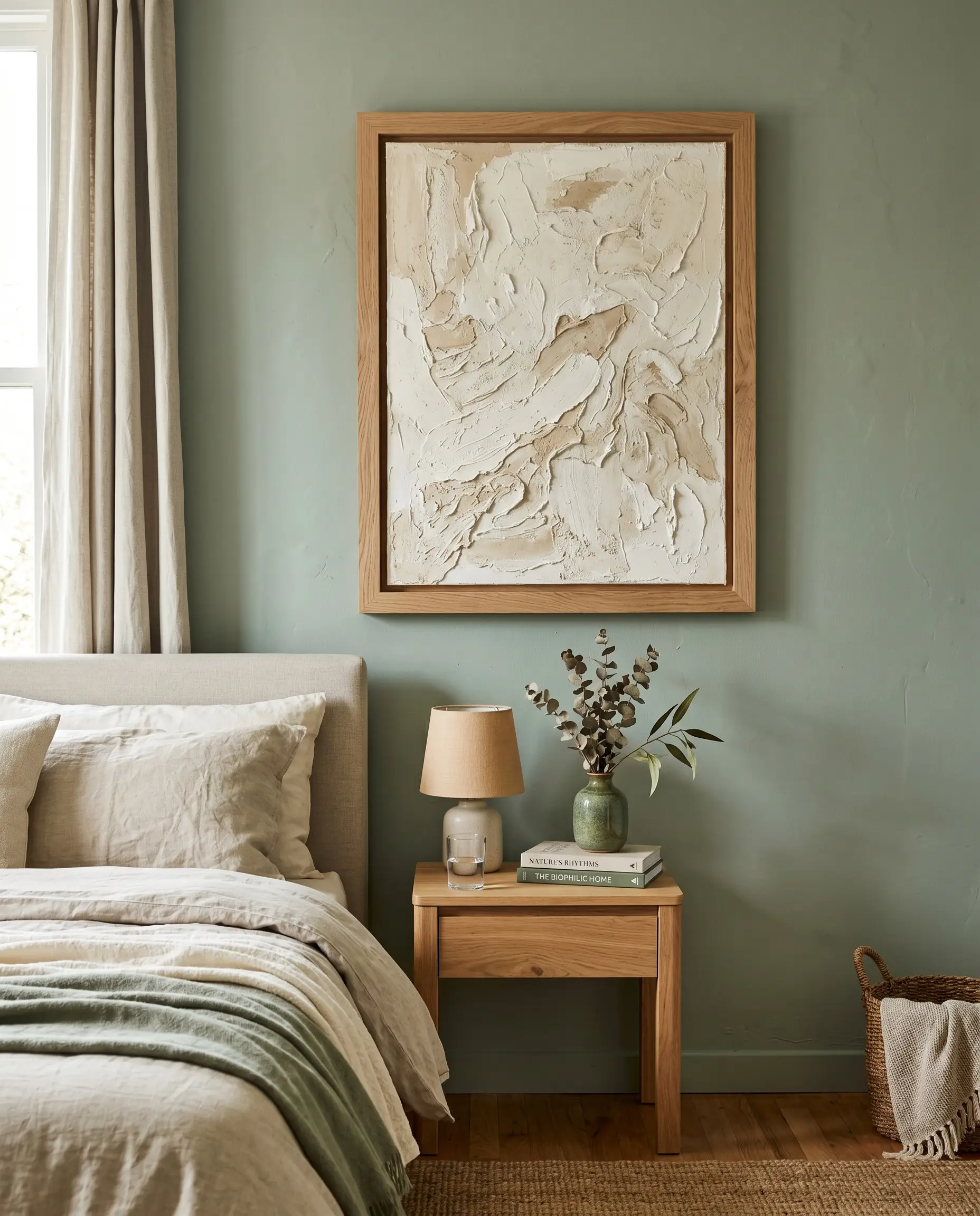 A heavily textured cream plaster abstract canvas framed in raw oak perfects the wall styling for sage green and cream bedroom ideas.
