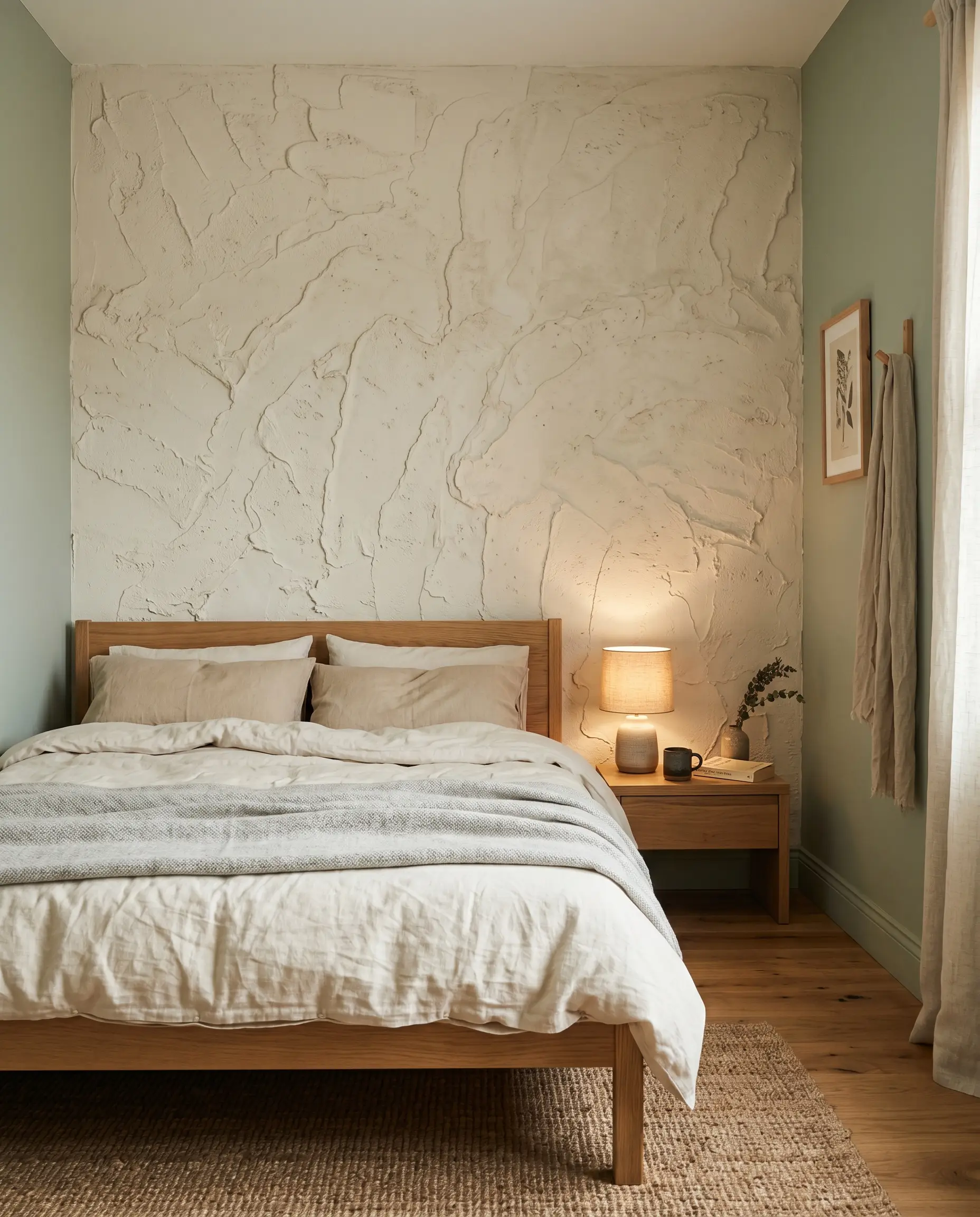 A heavily textured cream Venetian plaster accent wall sits directly behind a minimalist headboard flanked by soft sage green drywall.