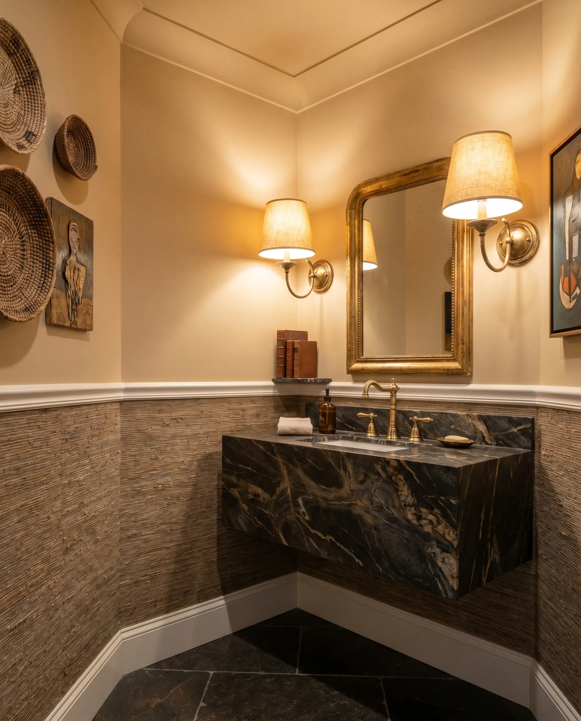 Heavily shaded wall sconces cast a warm glow across a floating marble vanity, textured grasscloth wallpaper, and a buttercream hue painted on the upper walls.