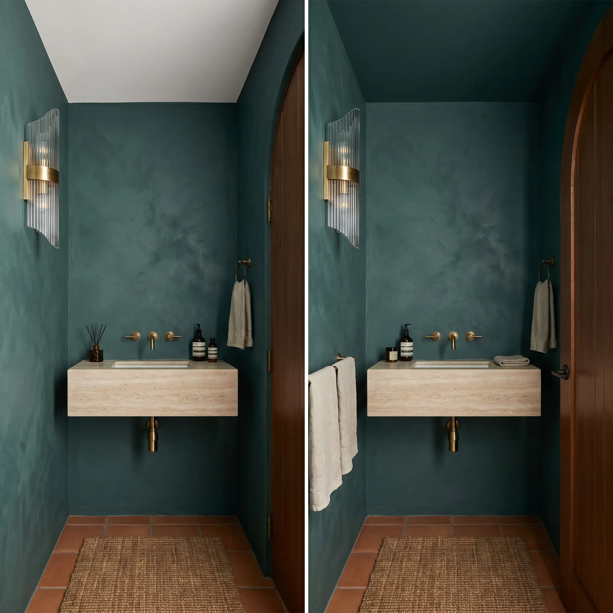 A high-gloss fluted glass sconce illuminates a textured roman clay architectural finish and a sleek travertine floating sink in this moody powder room.