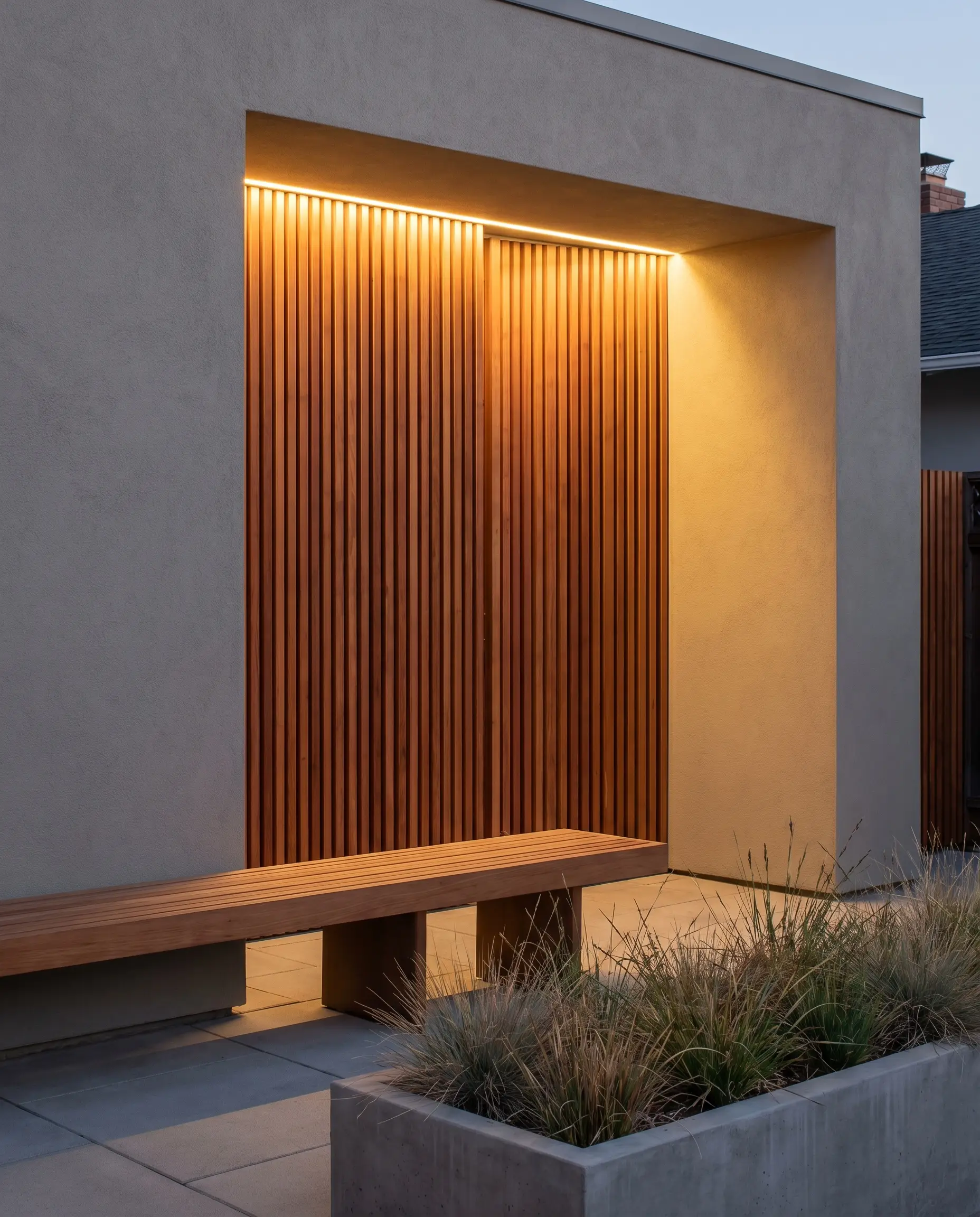 Vertical thermally modified wood slats are recessed within a cool greige stucco entryway alcove featuring a minimalist outdoor bench and a structural concrete planter.