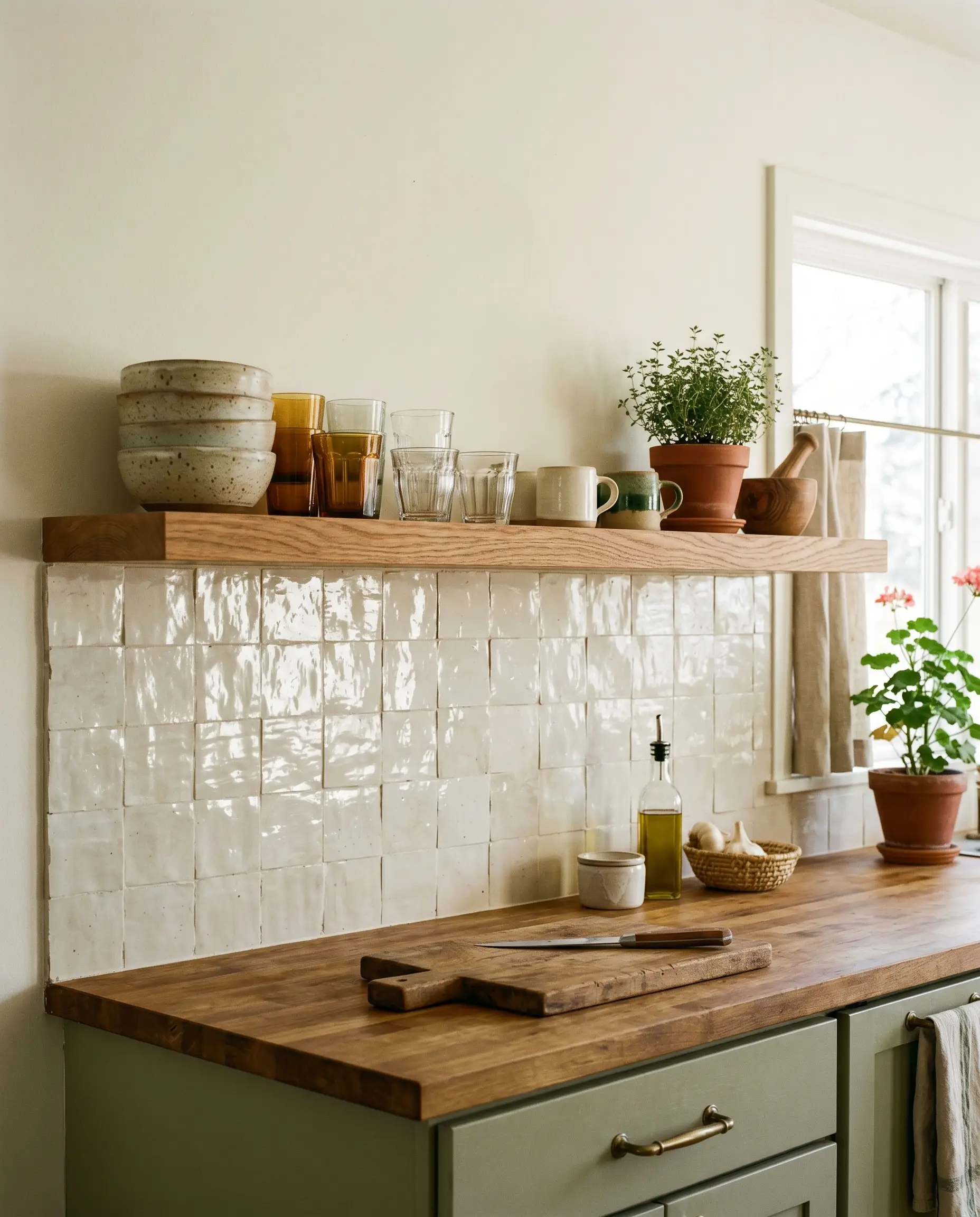 A single continuous thick-cut white oak floating shelf caps an eighteen-inch cream zellige backsplash kitchen ideas application in a casual organic space.