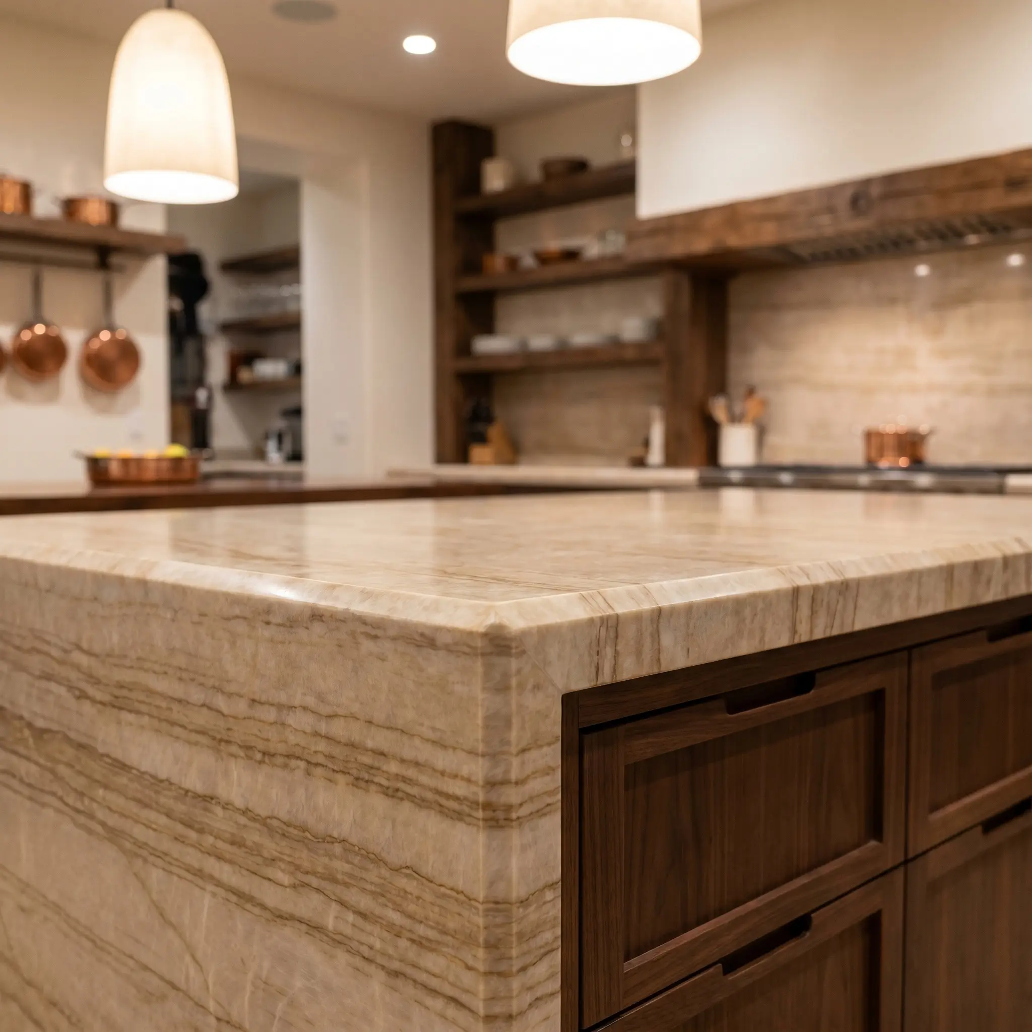 A fabricated three-inch mitered edge wraps the corner of a heavy stone countertop resting on custom dark-stained wood cabinetry.