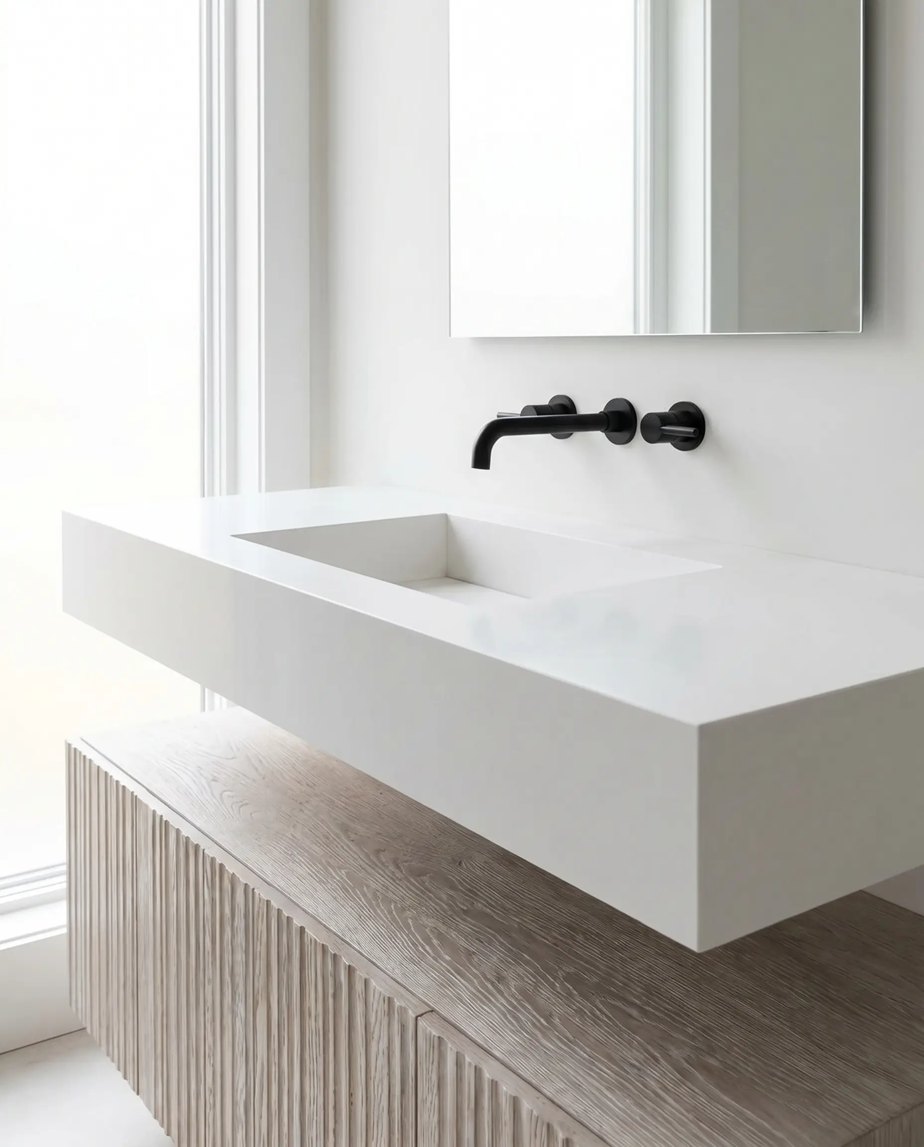 A massive three-inch thick straight mitered drop edge in pure white quartz sits aggressively atop a highly textured ribbed wood cabinet base.