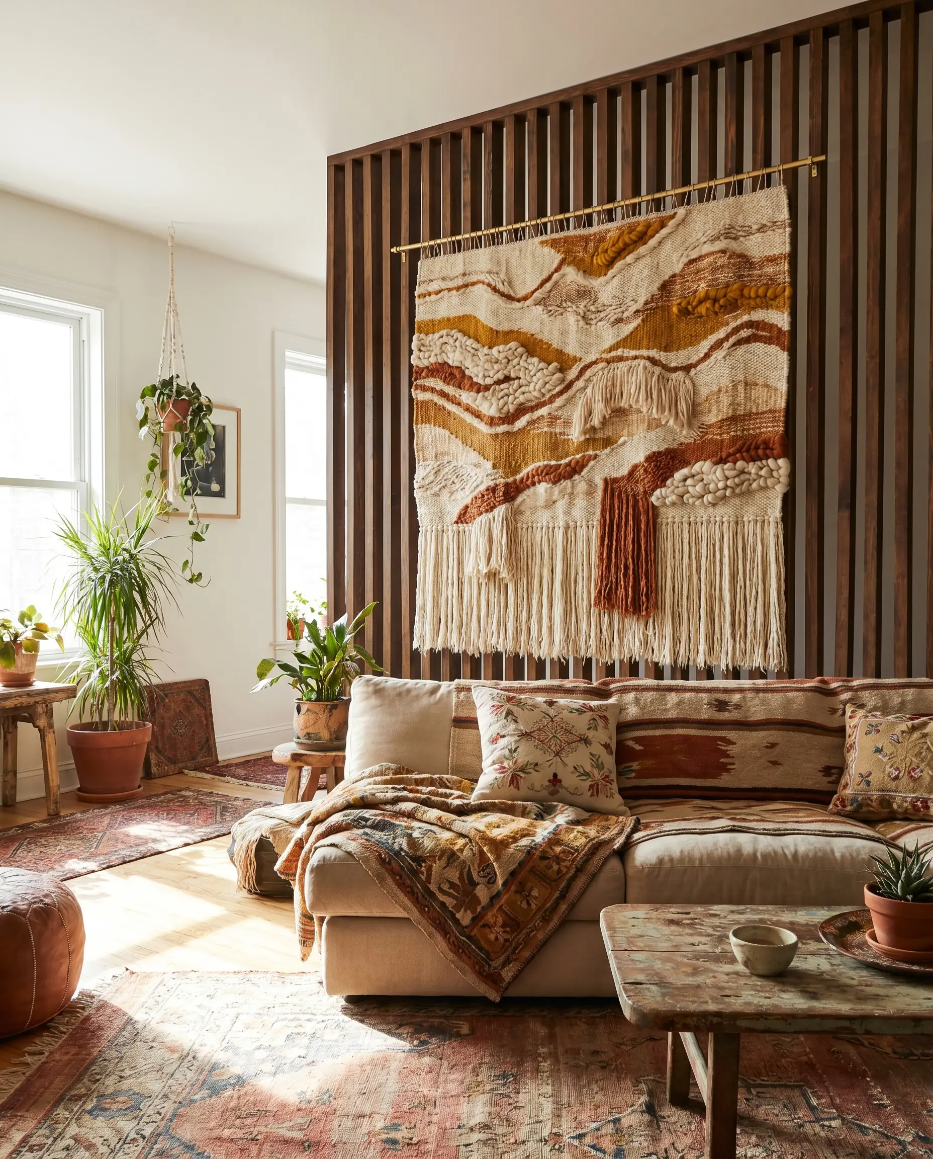 A thick wool woven tapestry suspends from a brass hanging rod, floating gently over rigid wood grain slats behind a bohemian sofa.