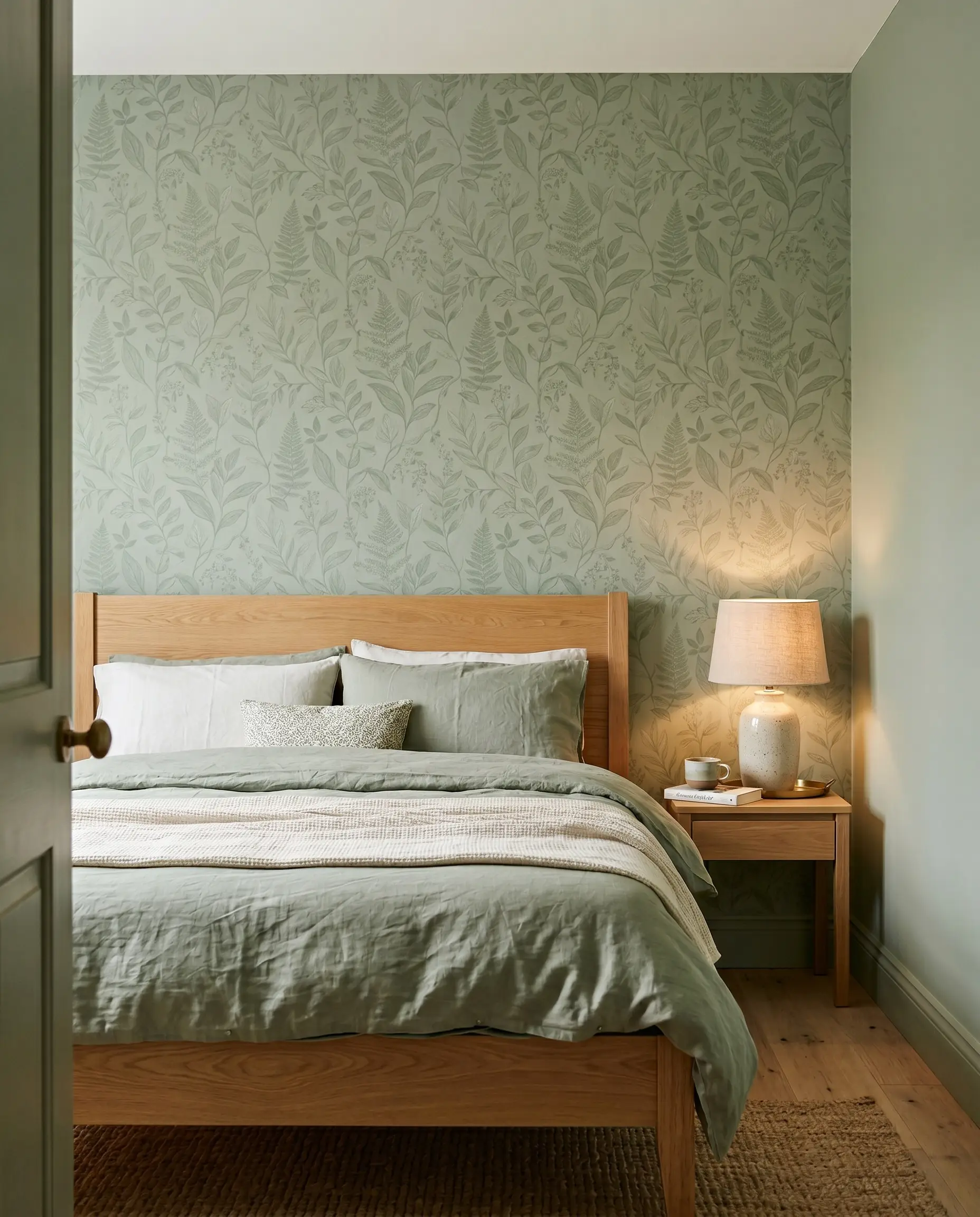 A subtle tone-on-tone botanical wallpaper blends seamlessly with adjacent matte green walls behind a wooden bed frame and a ceramic table lamp.