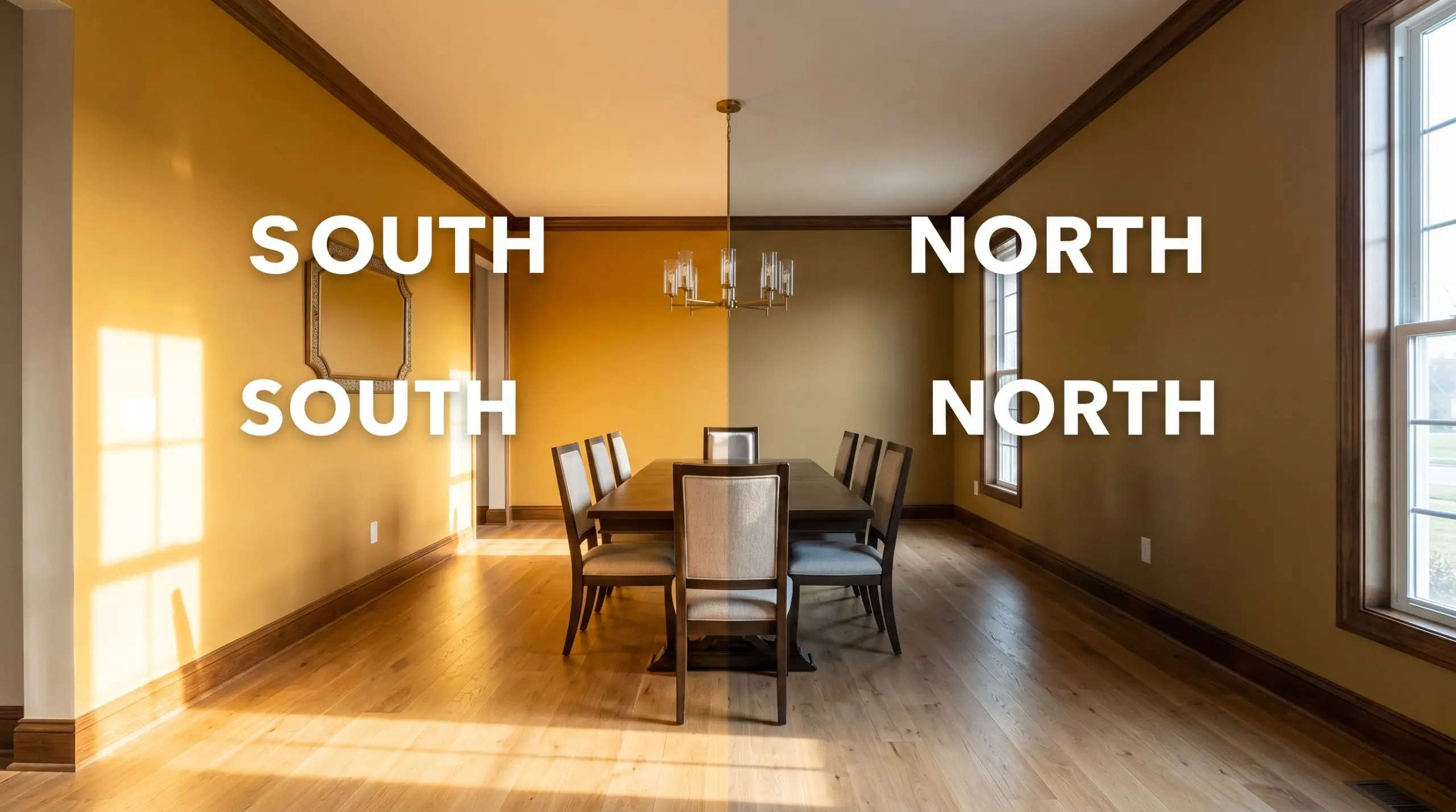A smooth drywall dining room divided by a lighting gradient shifts from vibrant golden yellow in south-facing sunlight to earthy green undertones in north-facing shadows.
