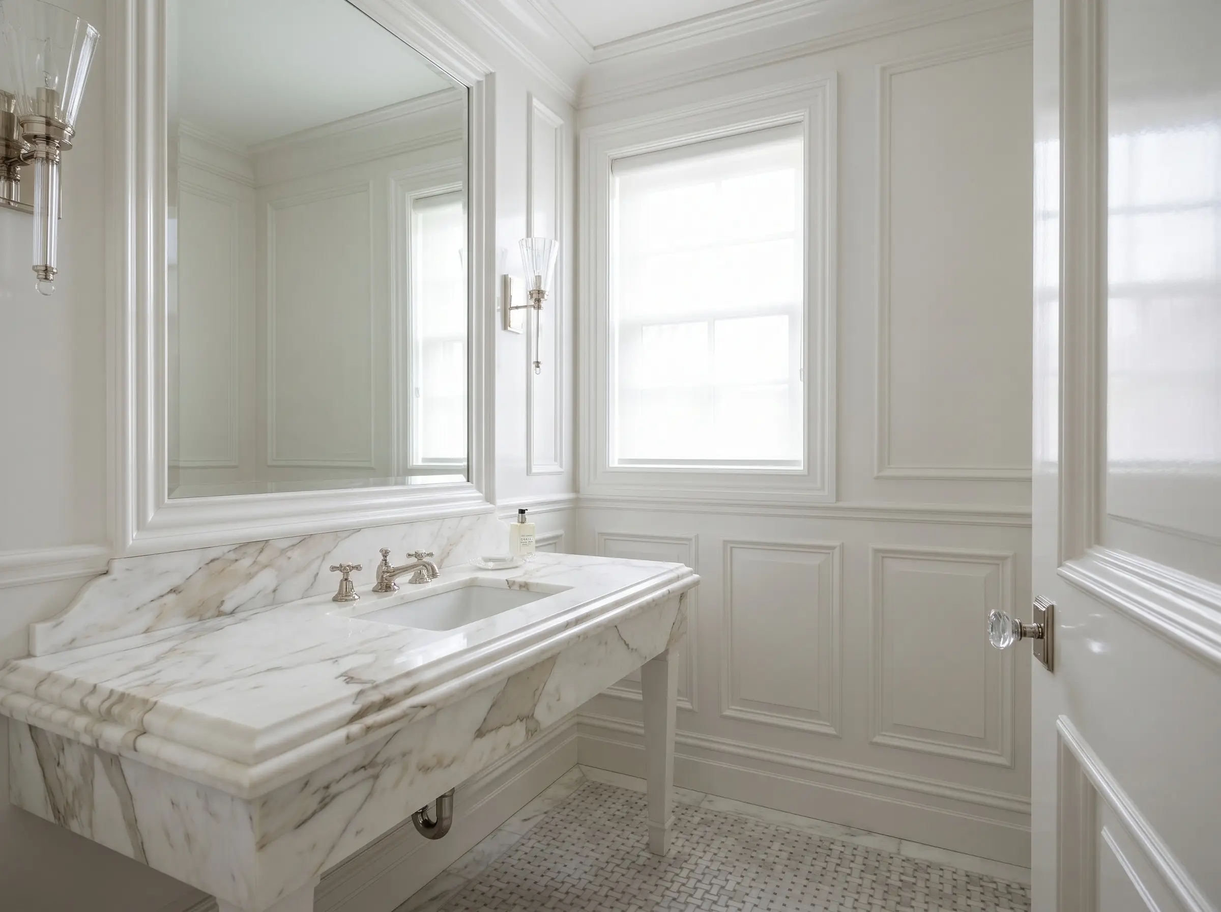 A traditional calacatta marble powder room vanity featuring a thick ogee edge profile and polished nickel fixtures stands against crisp white raised panel wainscoting.