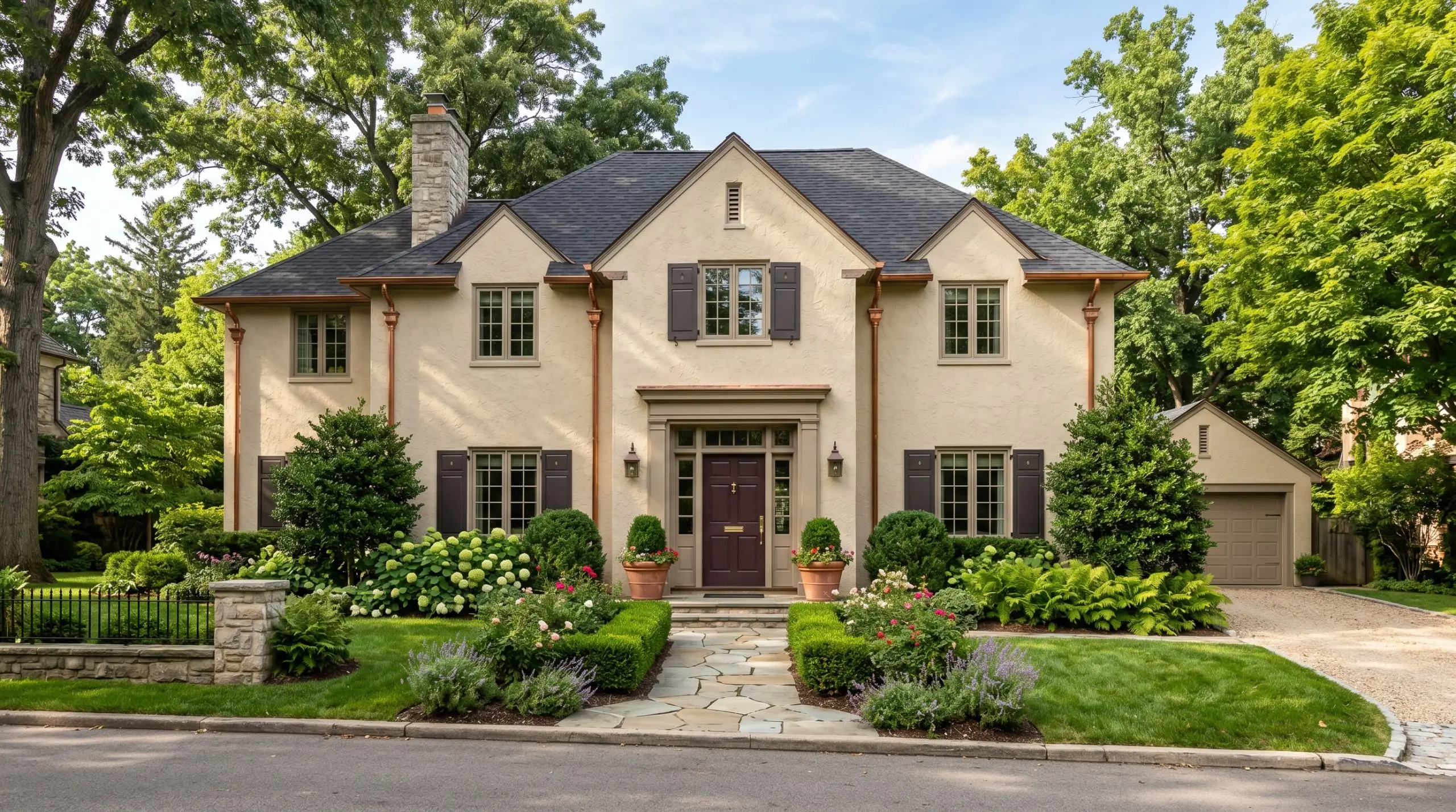 Traditional stucco render painted in Farrow & Ball Stony Ground (Hex #c9bfab) frames a dark oxblood front door and genuine copper gutters on an elegant home exterior.